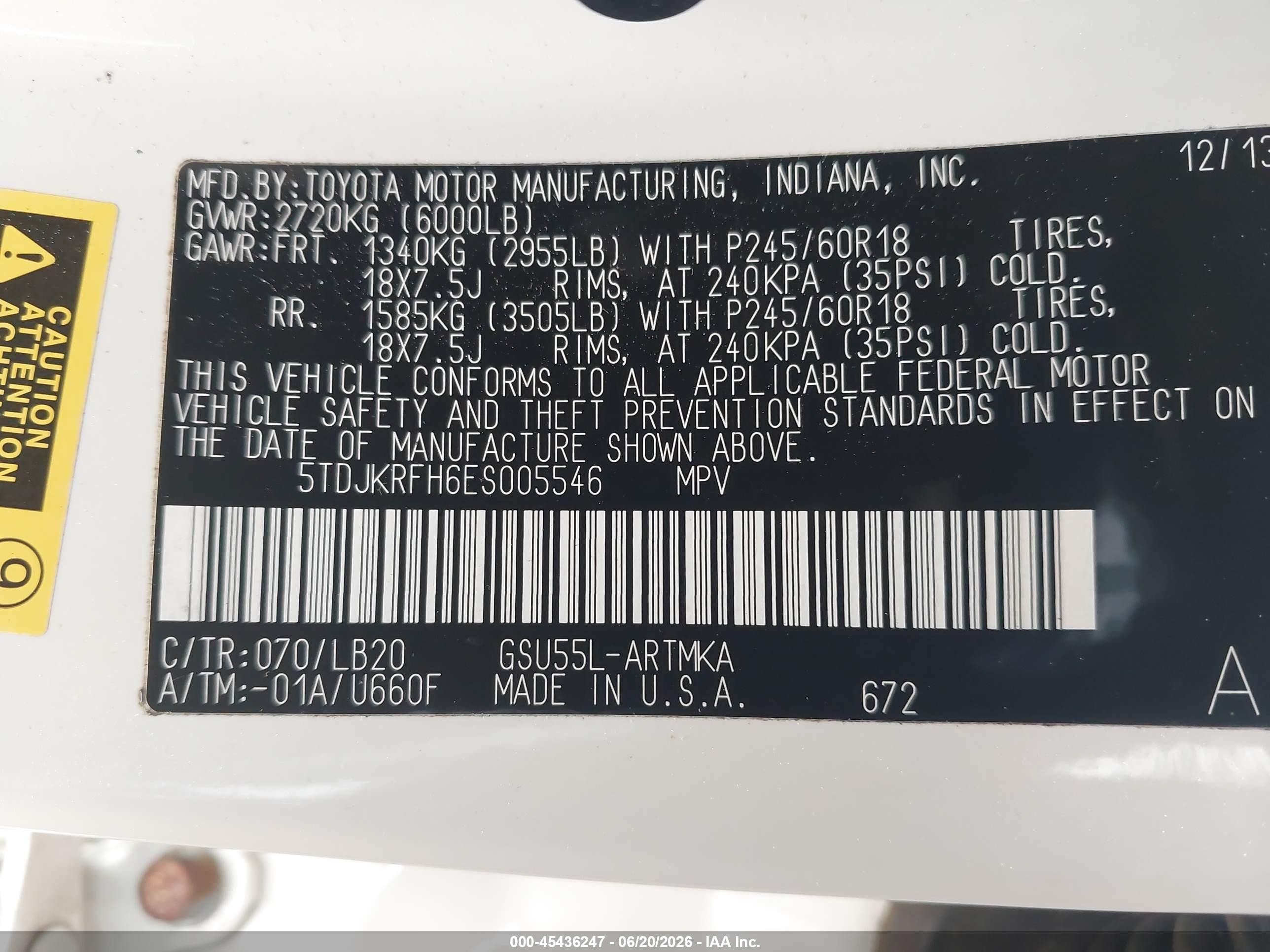 2014 Toyota Highlander Xle V6 Белый vin: 5TDJKRFH6ES005546