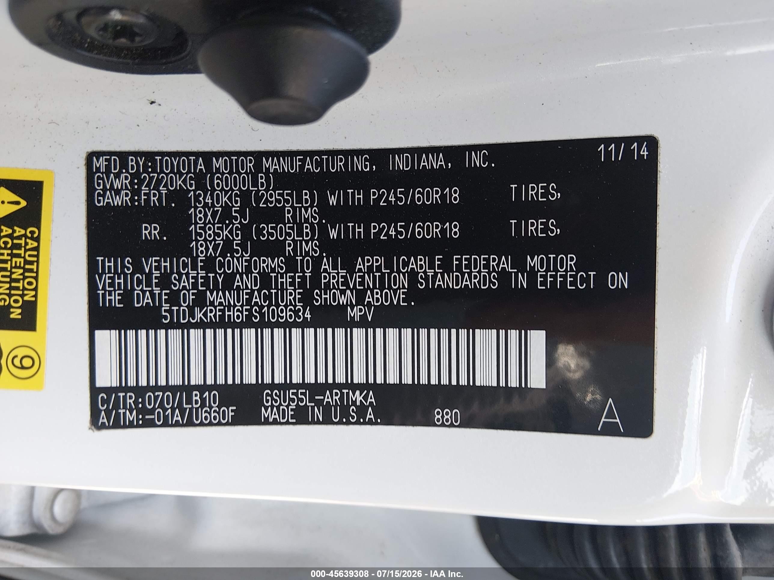 2015 Toyota Highlander Xle V6 White vin: 5TDJKRFH6FS109634