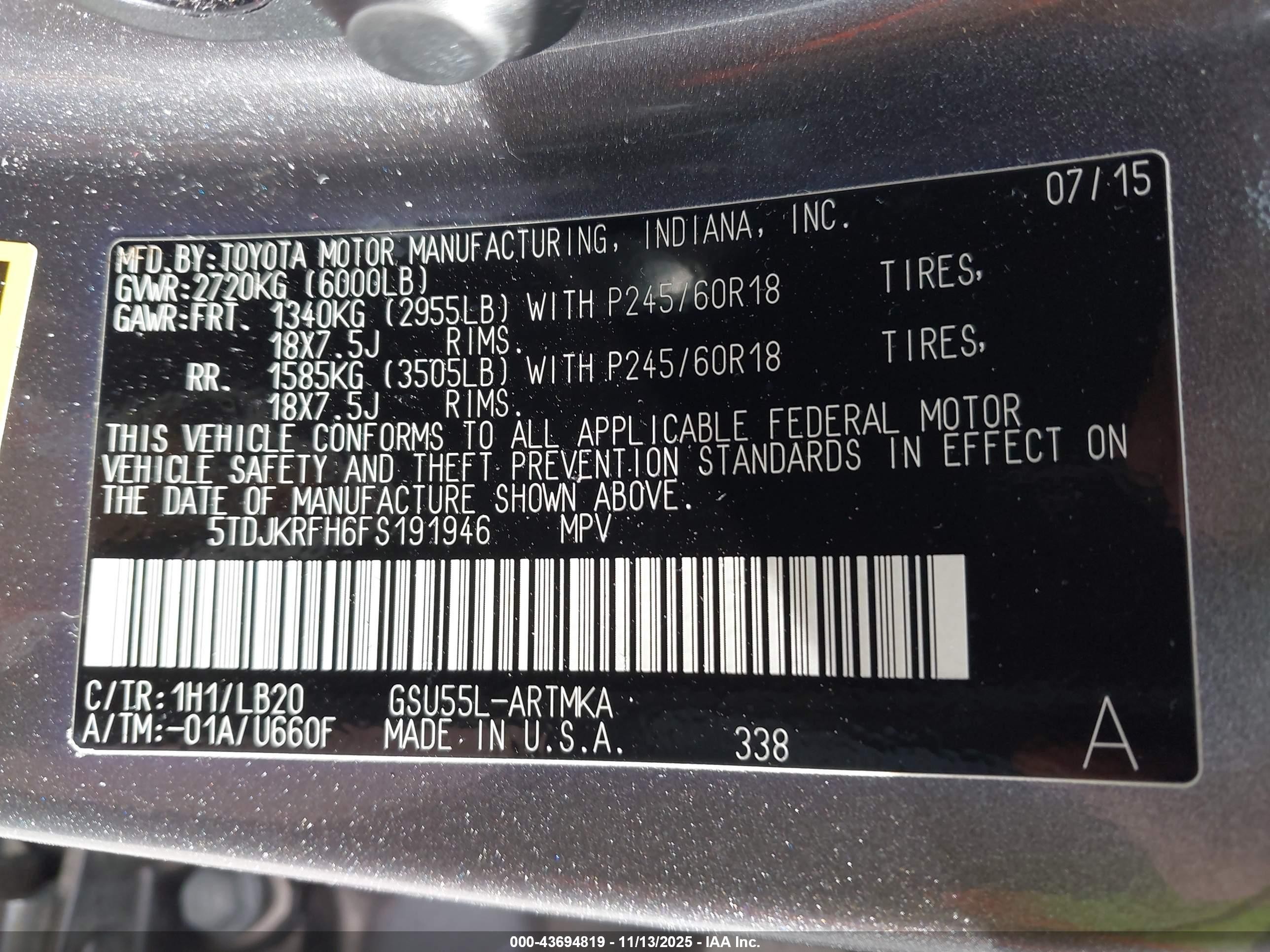 2015 Toyota Highlander Xle V6 Gray vin: 5TDJKRFH6FS191946