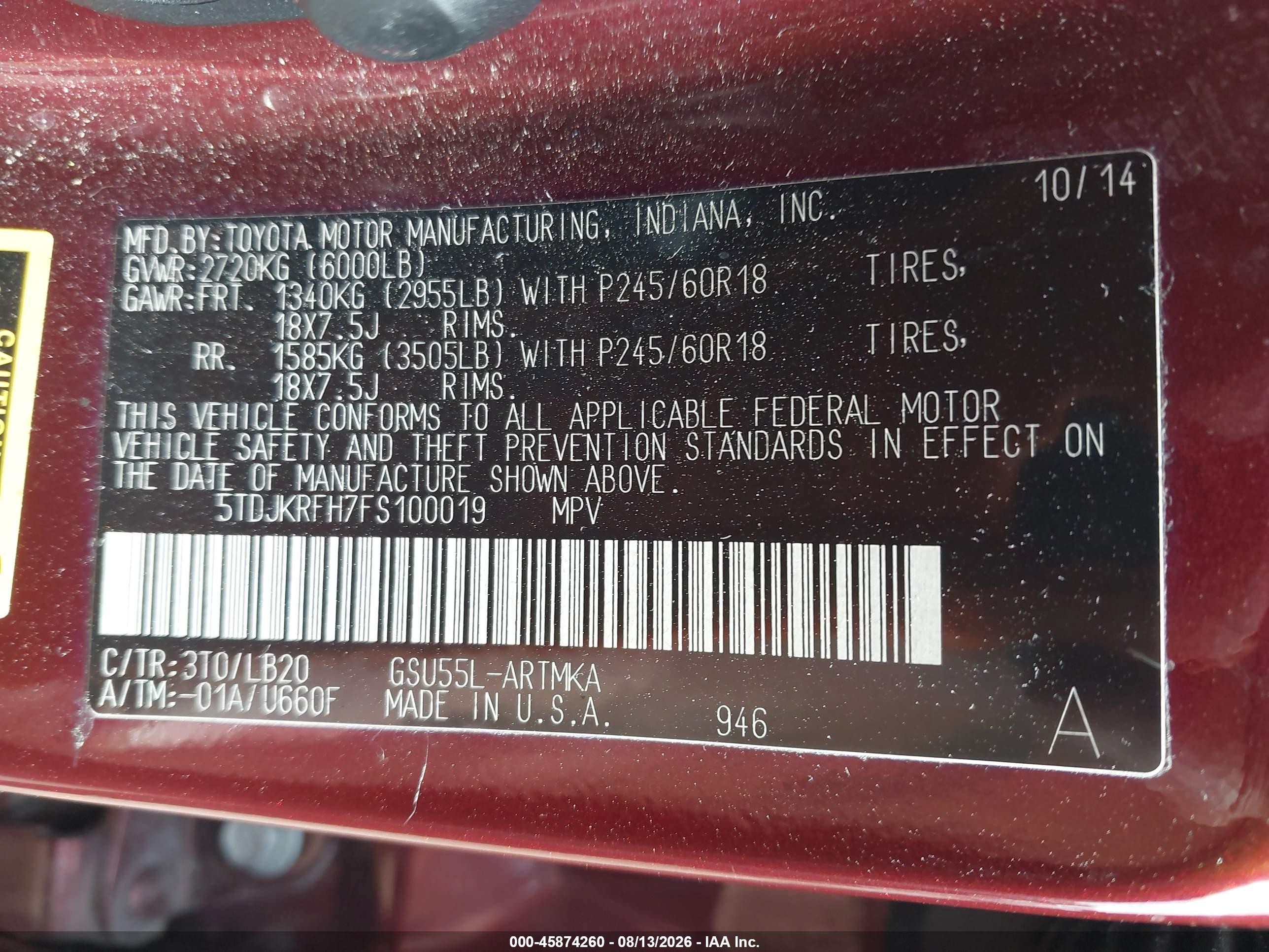 2015 Toyota Highlander Xle V6 Burgundy vin: 5TDJKRFH7FS100019