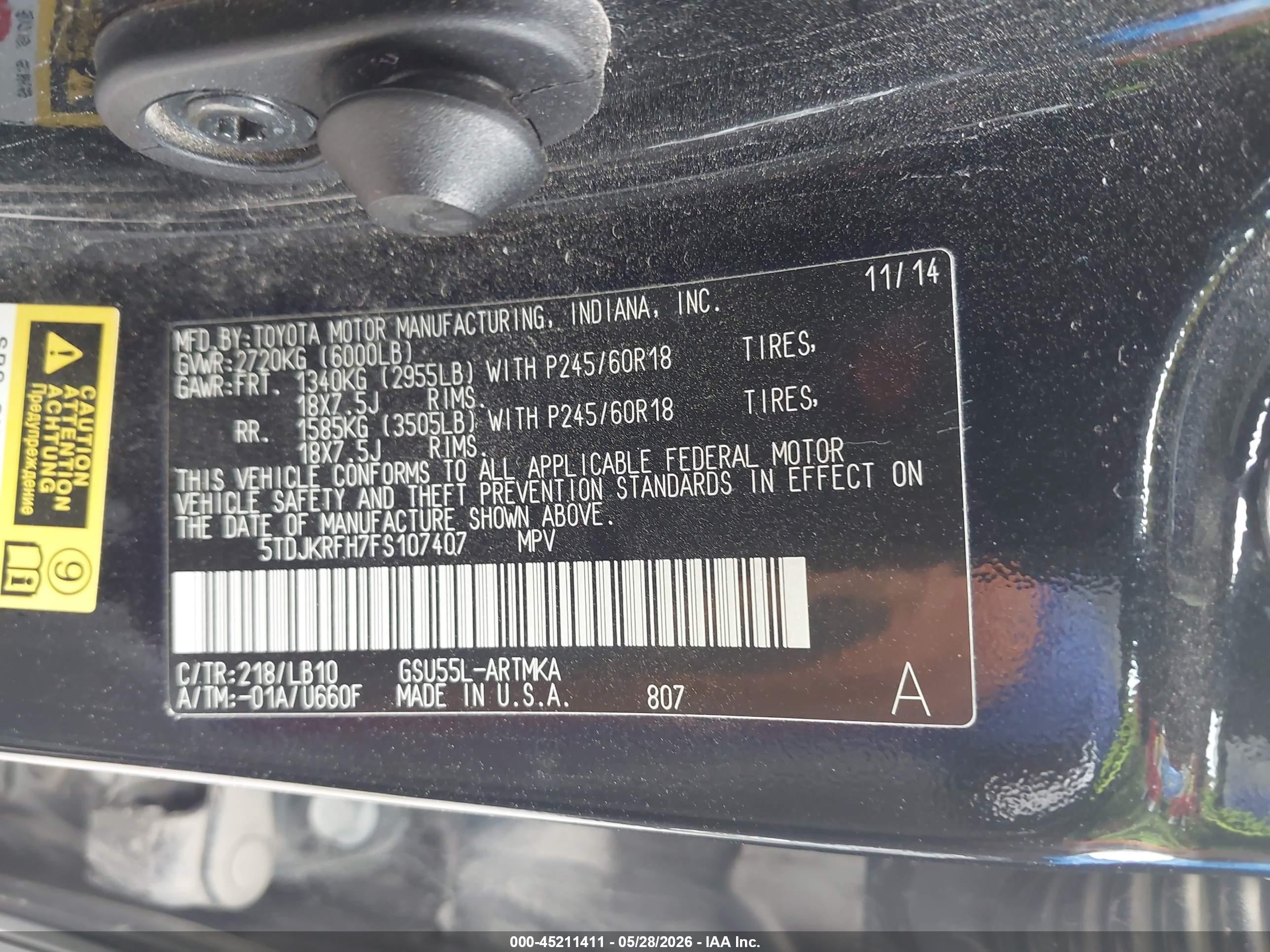 2015 Toyota Highlander Xle V6 Black vin: 5TDJKRFH7FS107407