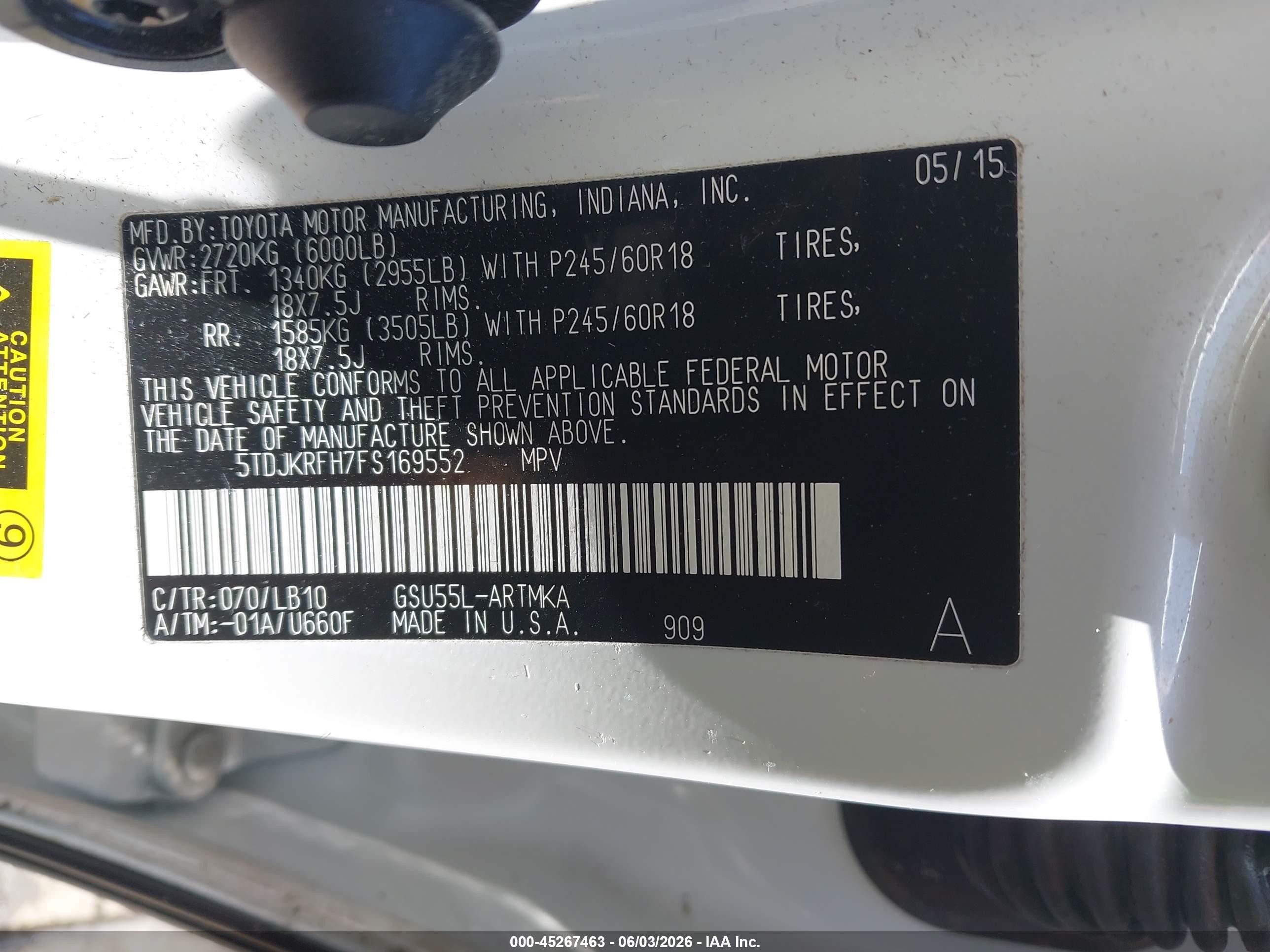 2015 Toyota Highlander Xle V6 White vin: 5TDJKRFH7FS169552