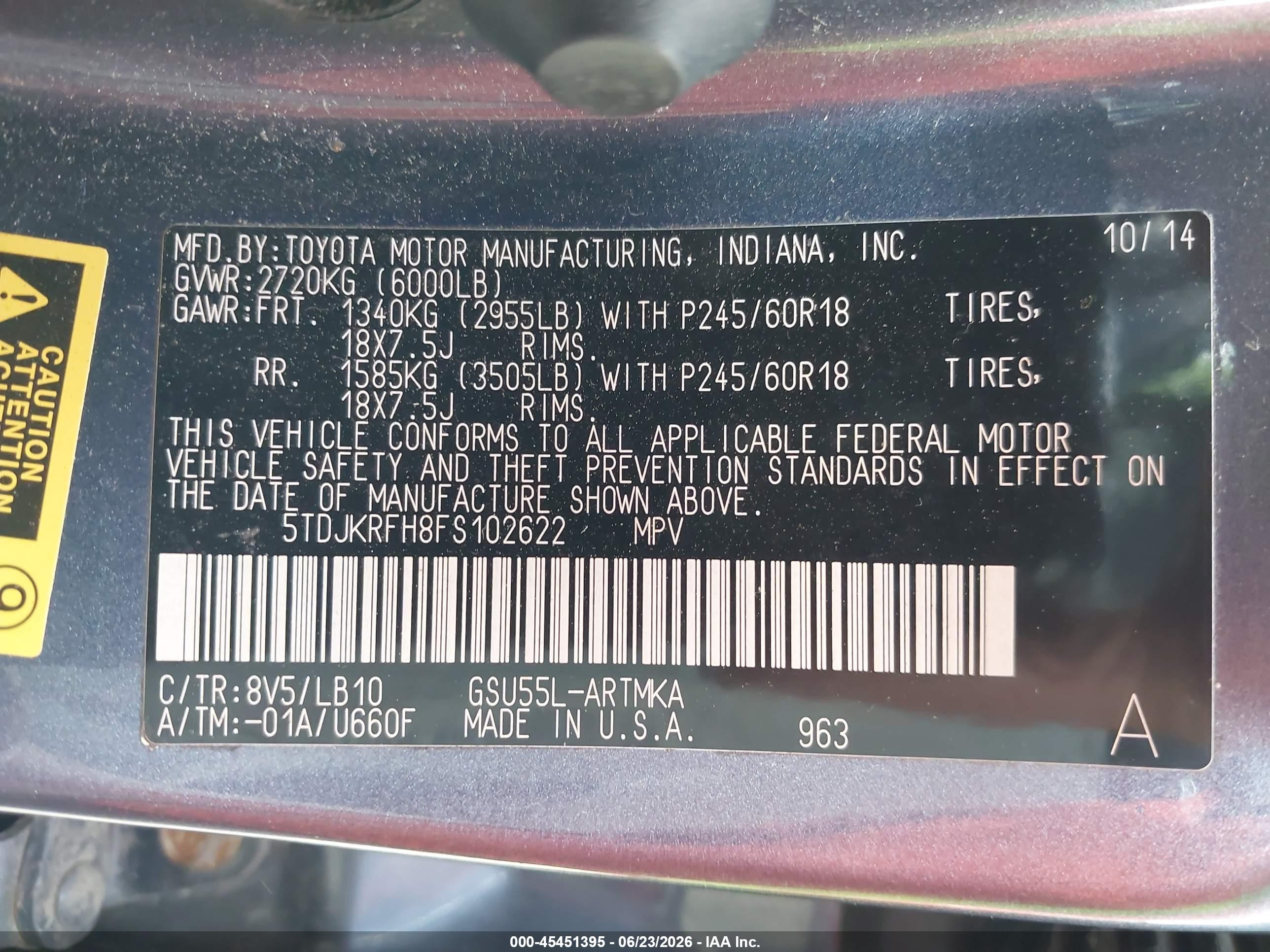 2015 Toyota Highlander Xle V6 Blue vin: 5TDJKRFH8FS102622