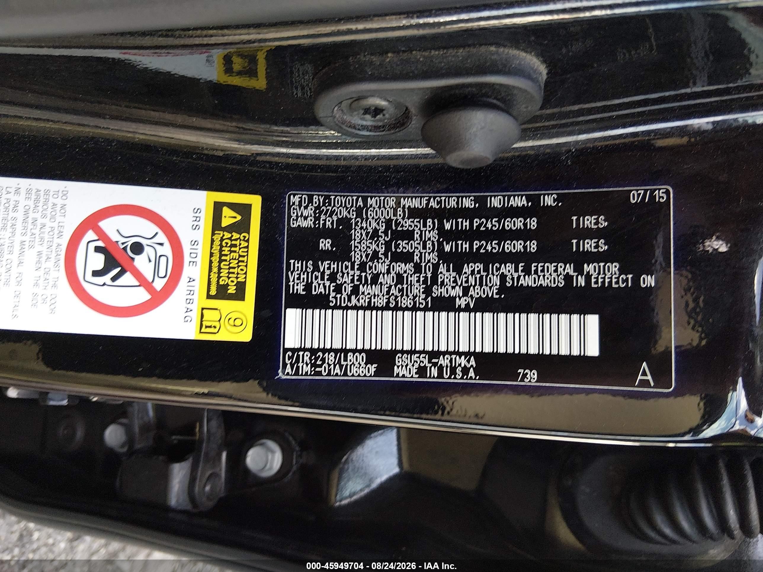 2015 Toyota Highlander Xle V6 Black vin: 5TDJKRFH8FS186151