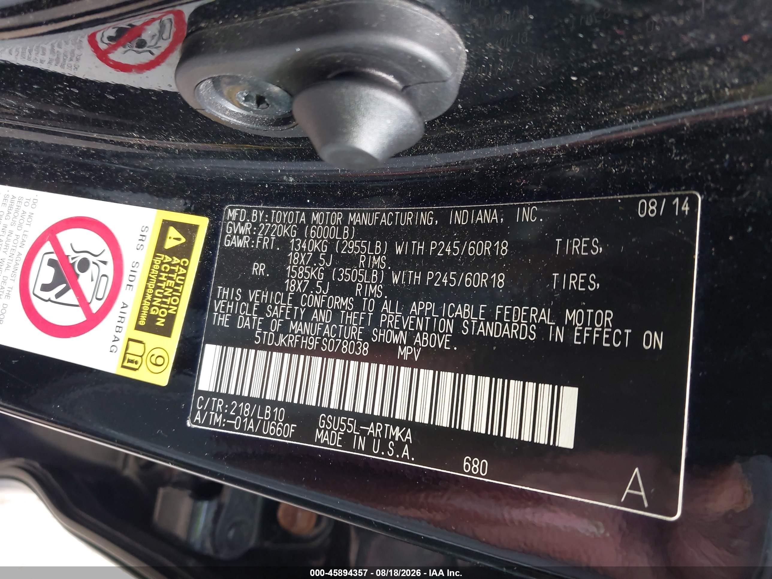 2015 Toyota Highlander Xle V6 Black vin: 5TDJKRFH9FS078038