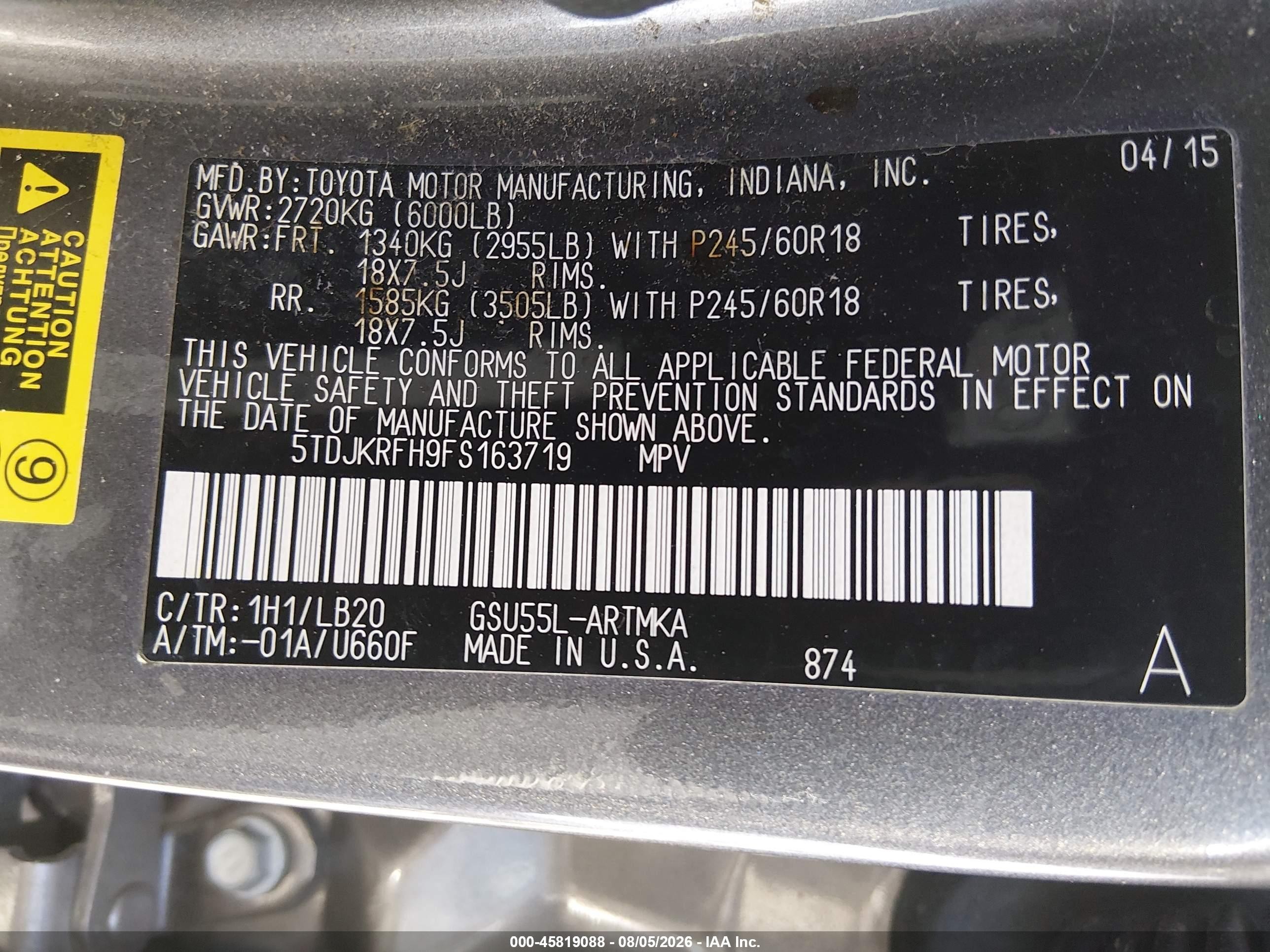 2015 Toyota Highlander Xle V6 Gray vin: 5TDJKRFH9FS163719