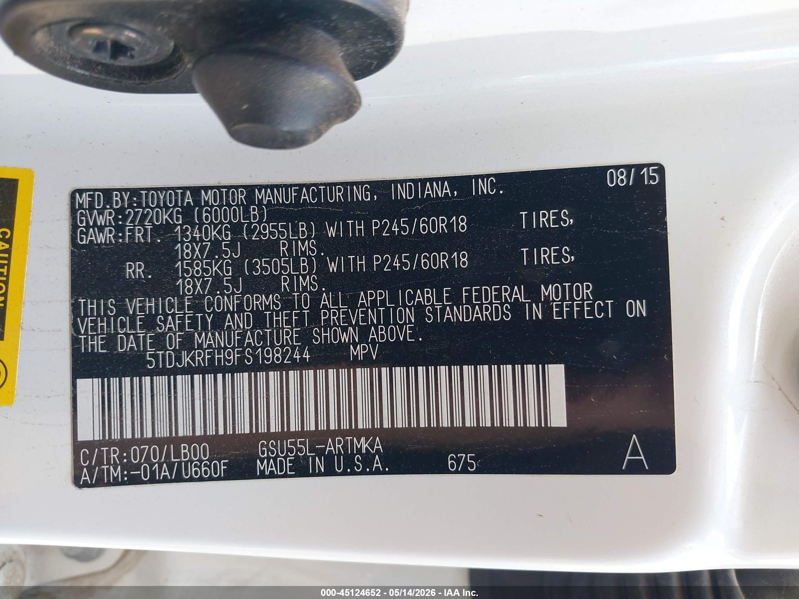 2015 Toyota Highlander Xle V6 White vin: 5TDJKRFH9FS198244