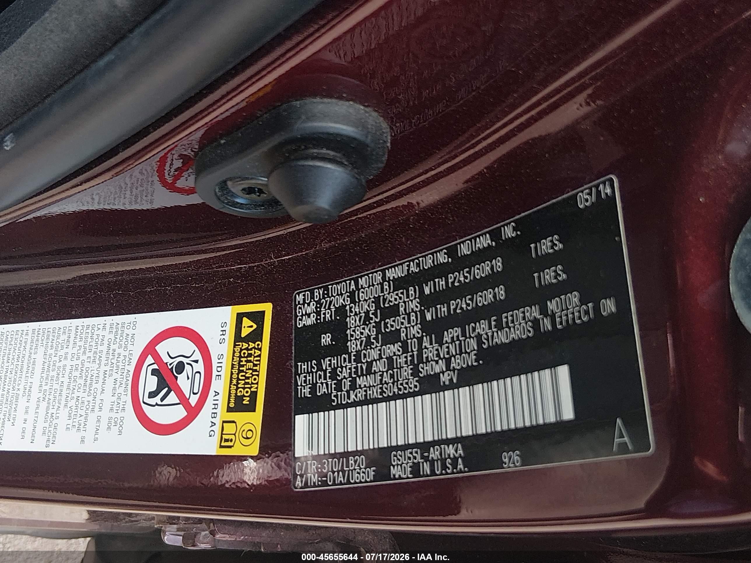 2014 Toyota Highlander Xle V6 Red vin: 5TDJKRFHXES045595