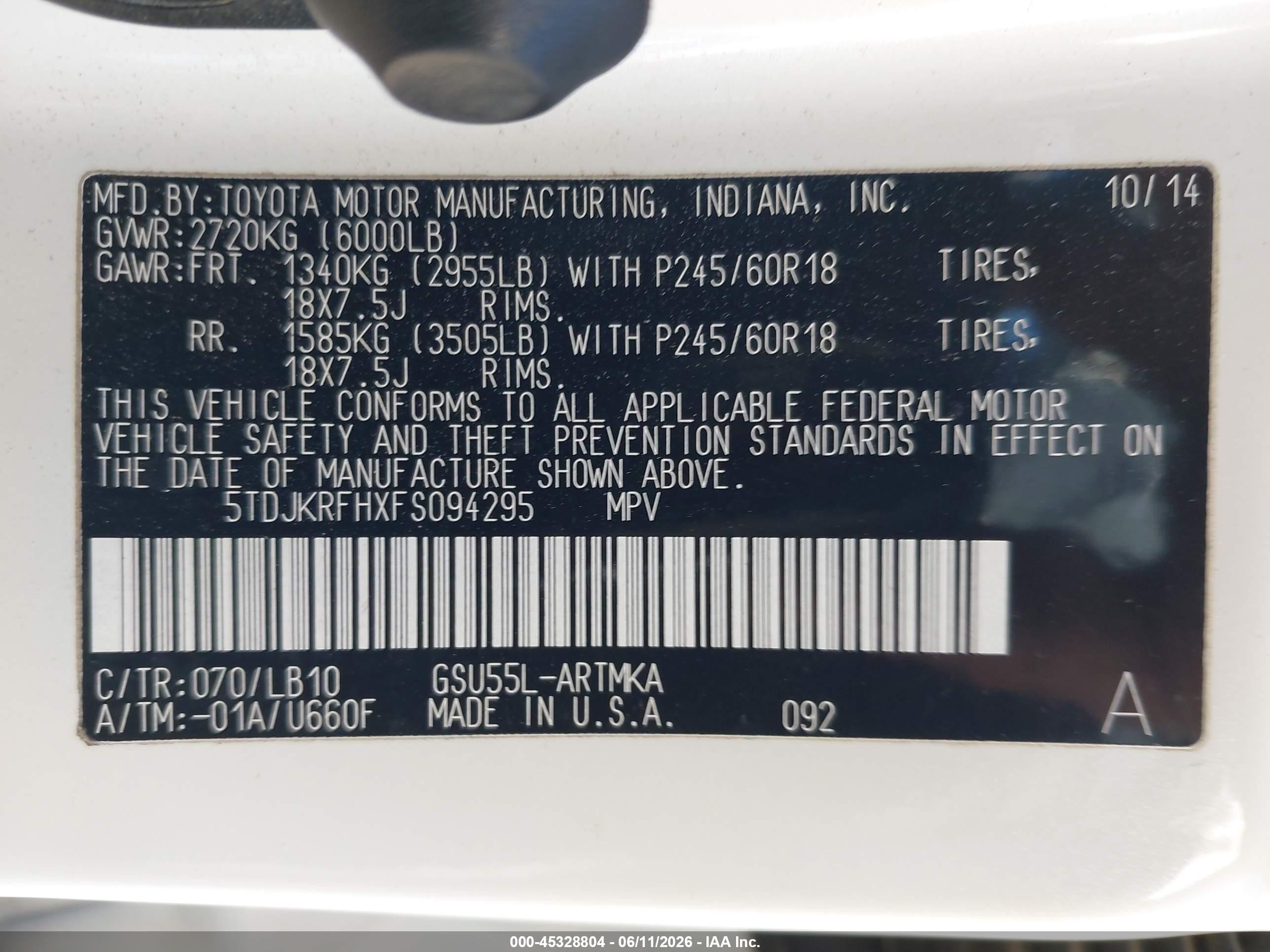 2015 Toyota Highlander Xle V6 White vin: 5TDJKRFHXFS094295