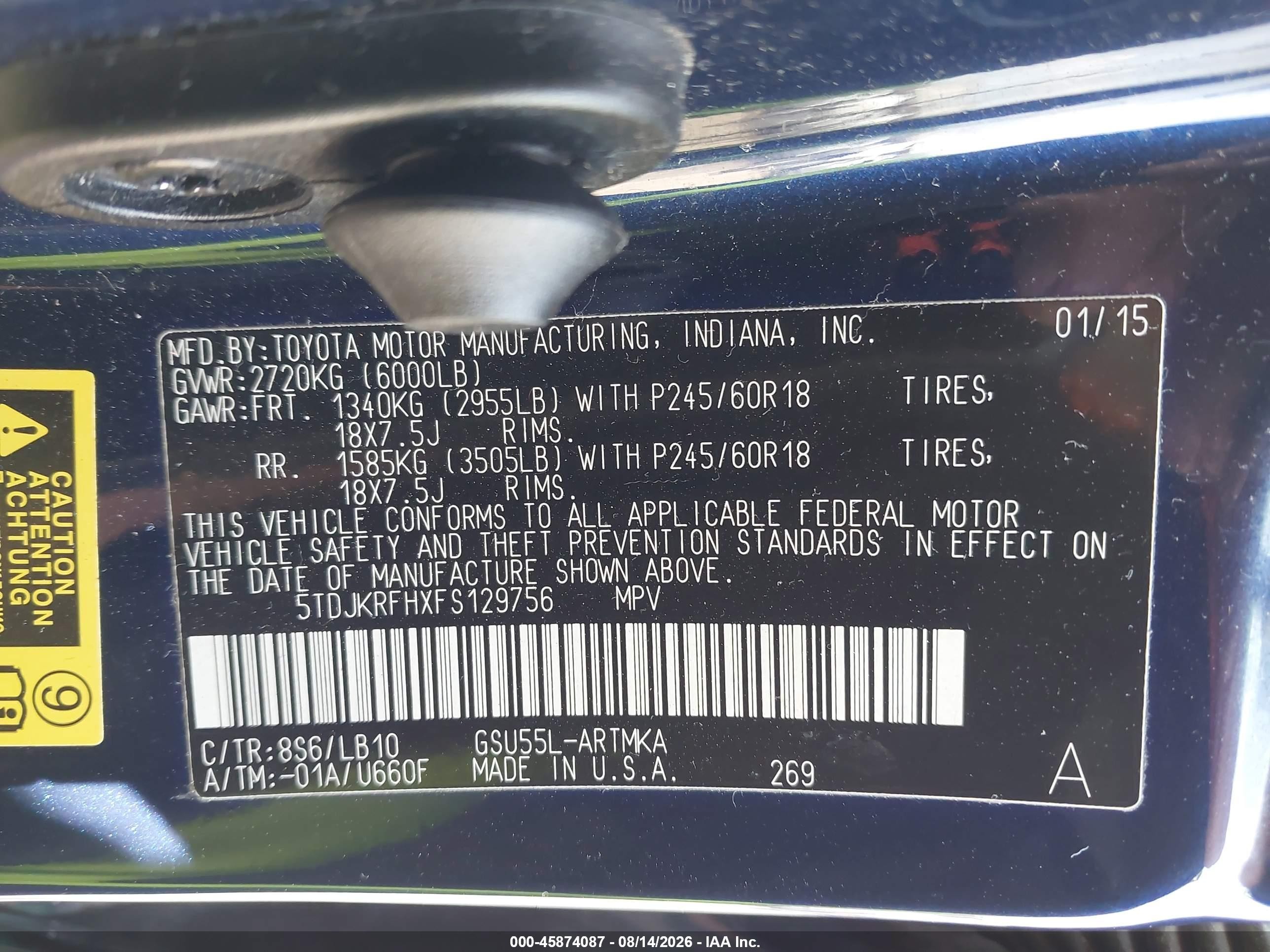 2015 Toyota Highlander Xle V6 Blue vin: 5TDJKRFHXFS129756