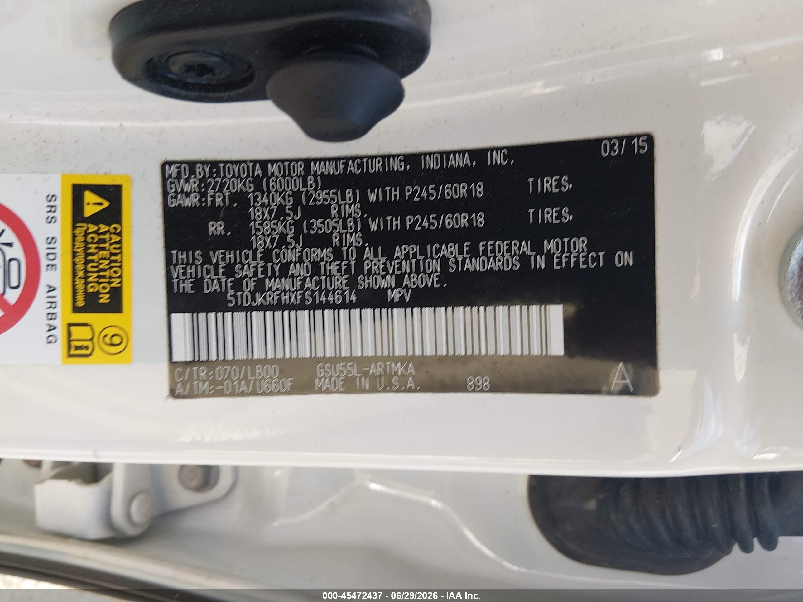 2015 Toyota Highlander Xle V6 White vin: 5TDJKRFHXFS144614