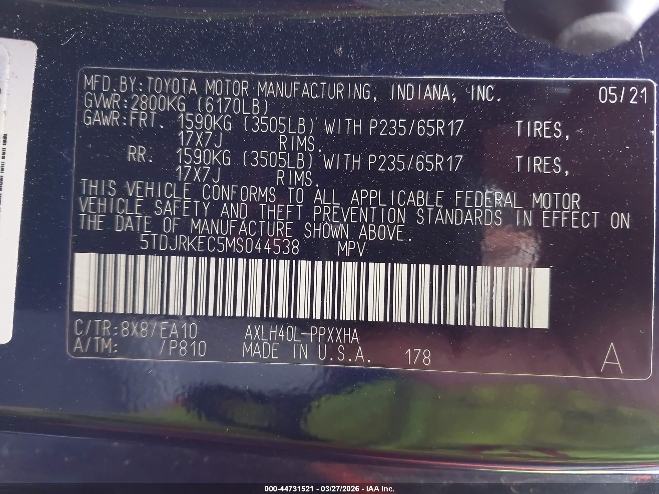 2021 Toyota Sienna Xle Blue vin: 5TDJRKEC5MS044538