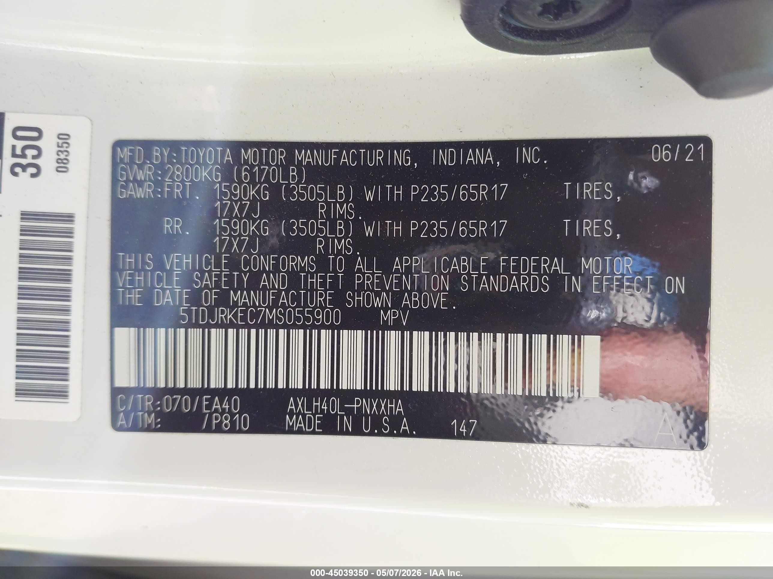 2021 Toyota Sienna Xle White vin: 5TDJRKEC7MS055900