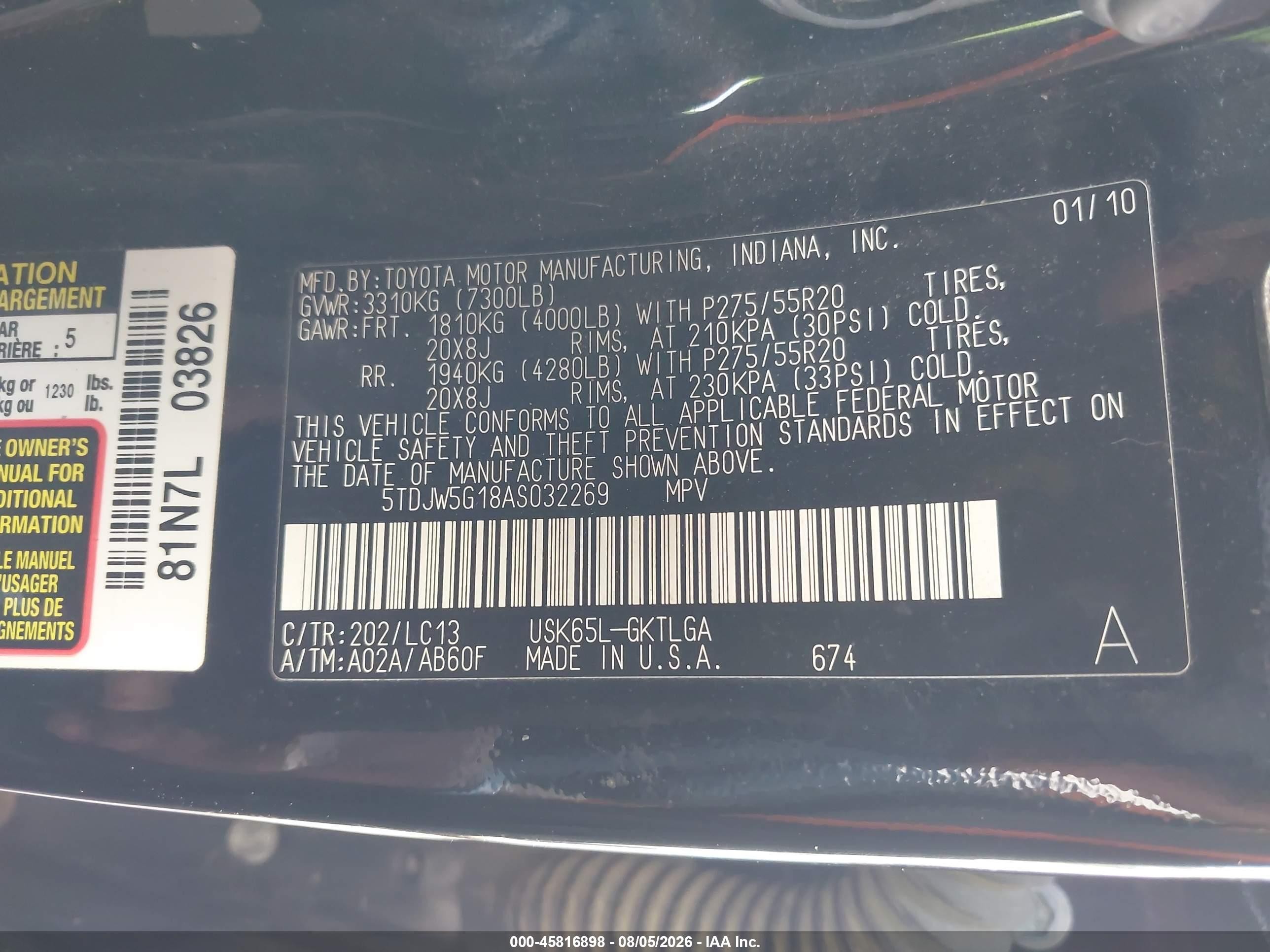 2010 Toyota Sequoia Limited 5.7l V8 Black vin: 5TDJW5G18AS032269