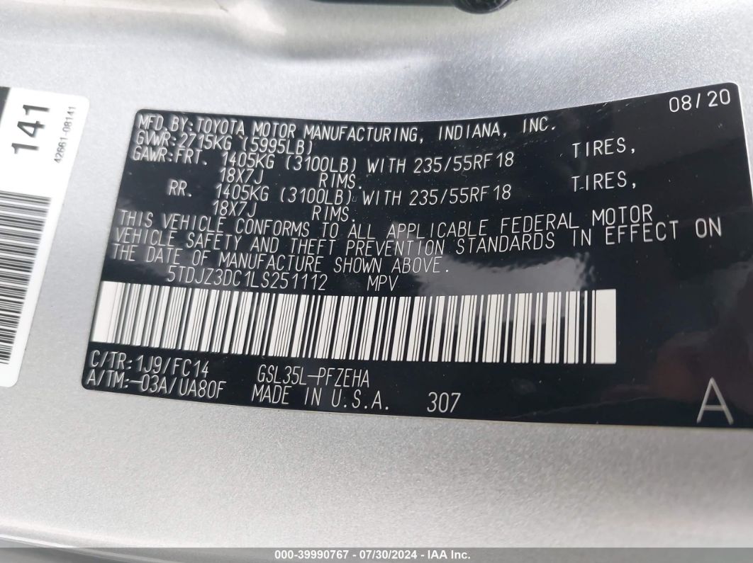 2020 Toyota Sienna Le Silver vin: 5TDJZ3DC1LS251112