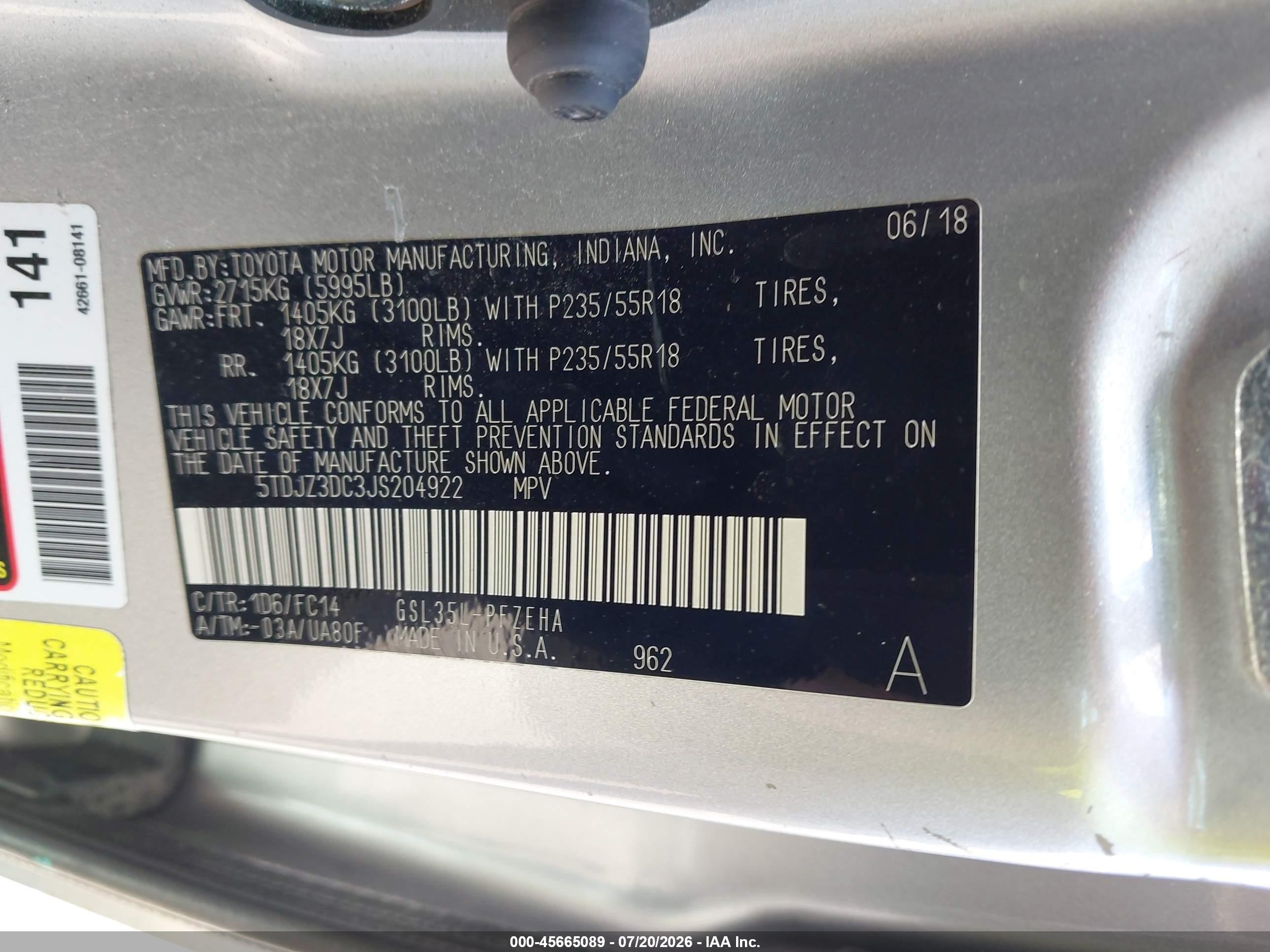 2018 Toyota Sienna Le 7 Passenger Silver vin: 5TDJZ3DC3JS204922