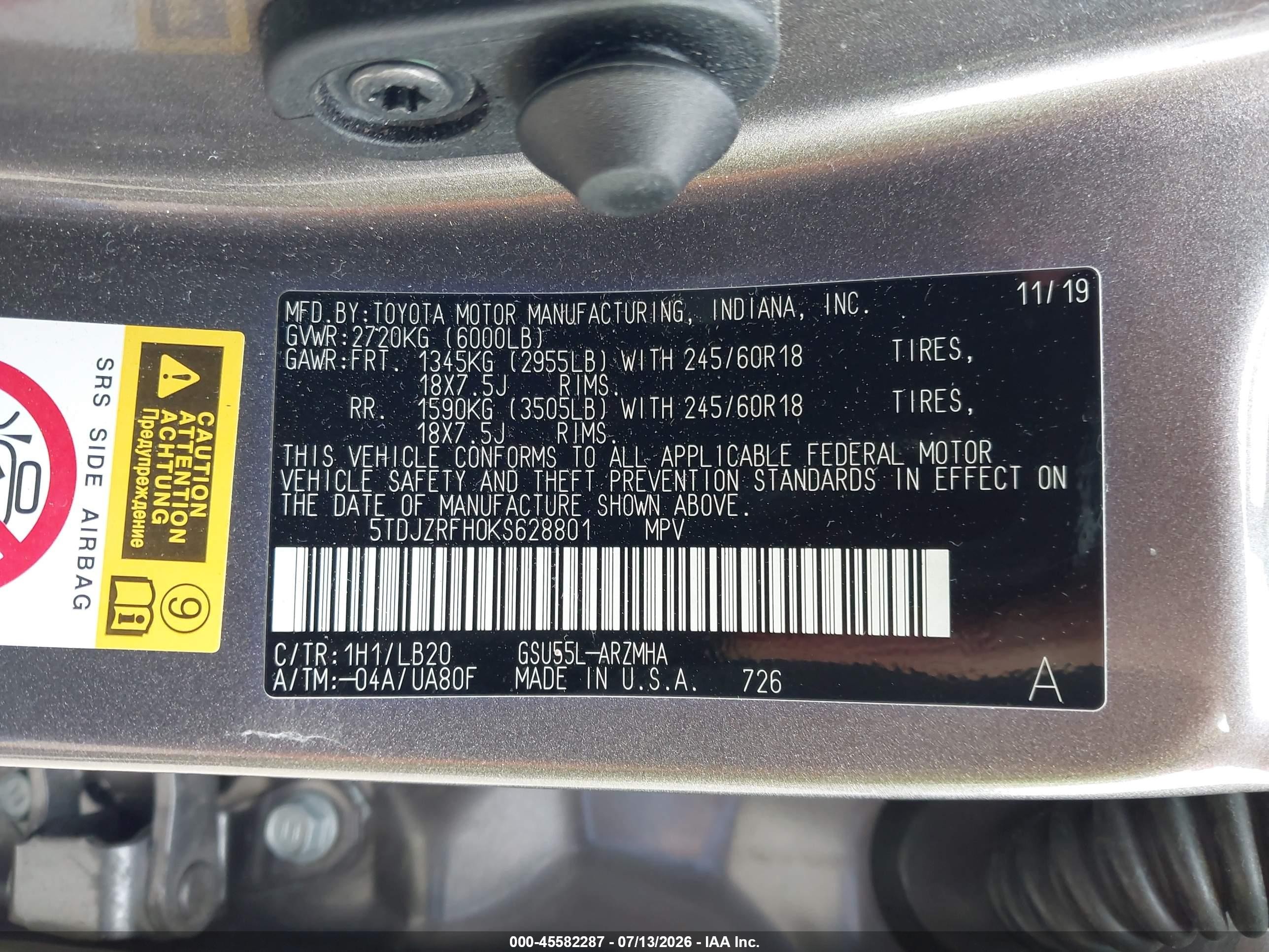 2019 Toyota Highlander Xle Gray vin: 5TDJZRFH0KS628801