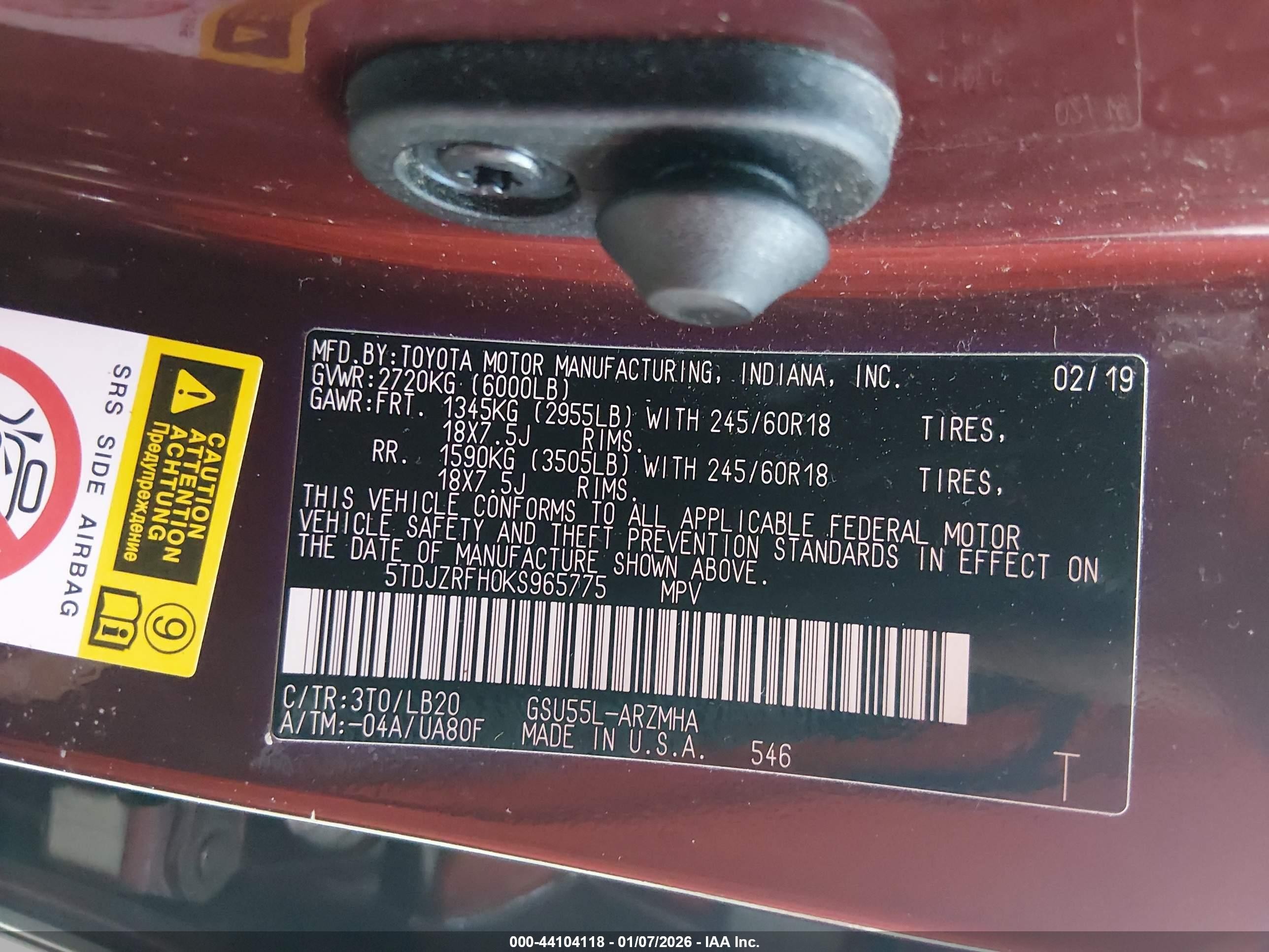 2019 Toyota Highlander Xle Темно-бордовый vin: 5TDJZRFH0KS965775