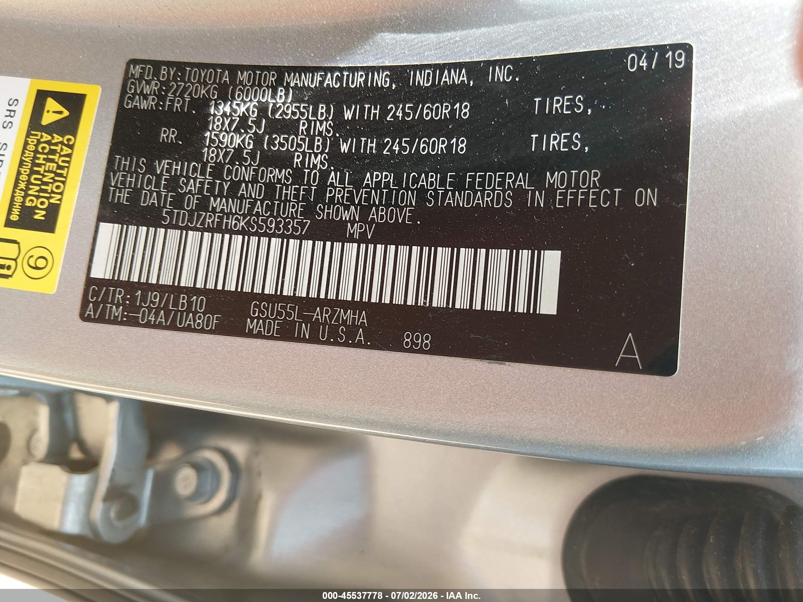 2019 Toyota Highlander Xle Silver vin: 5TDJZRFH6KS593357