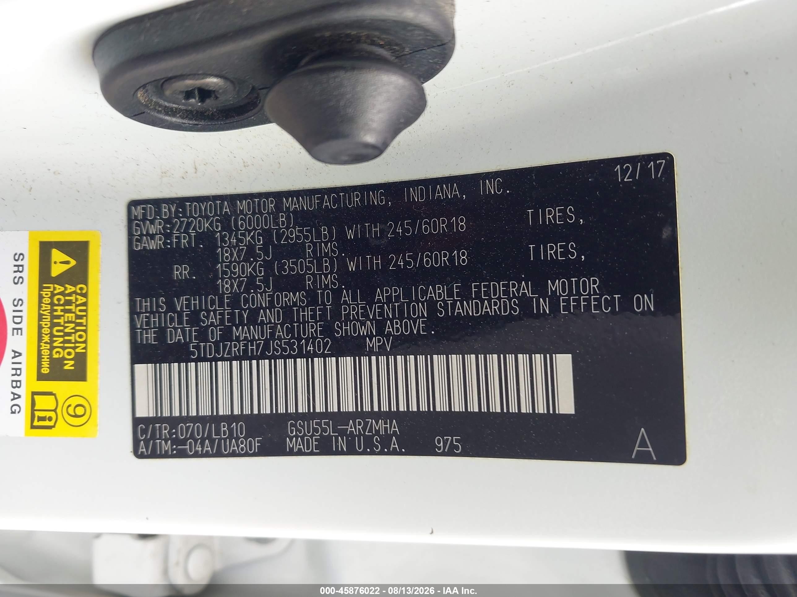 2018 Toyota Highlander Xle White vin: 5TDJZRFH7JS531402