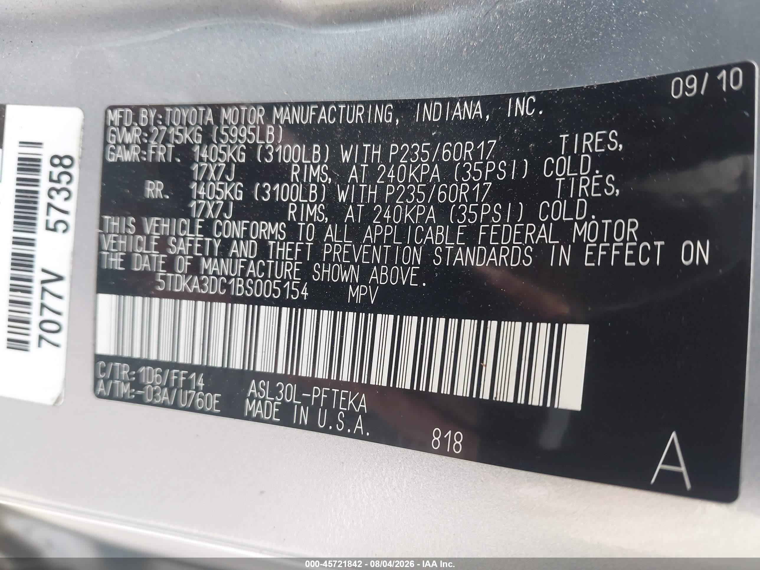 2011 Toyota Sienna   Gray vin: 5TDKA3DC1BS005154