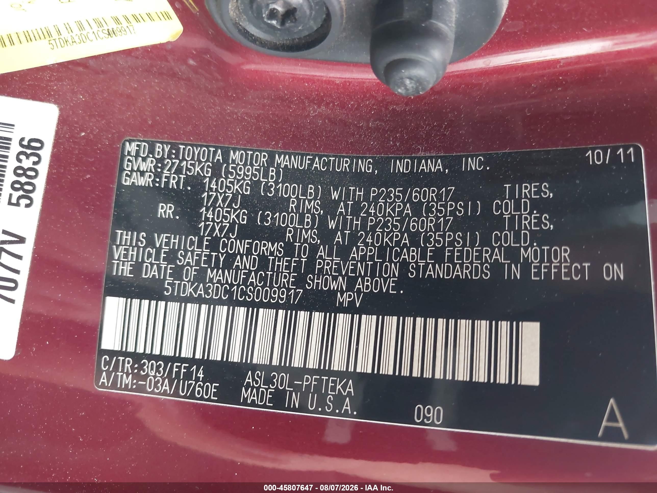2012 Toyota Sienna Base 7 Passenger Red vin: 5TDKA3DC1CS009917