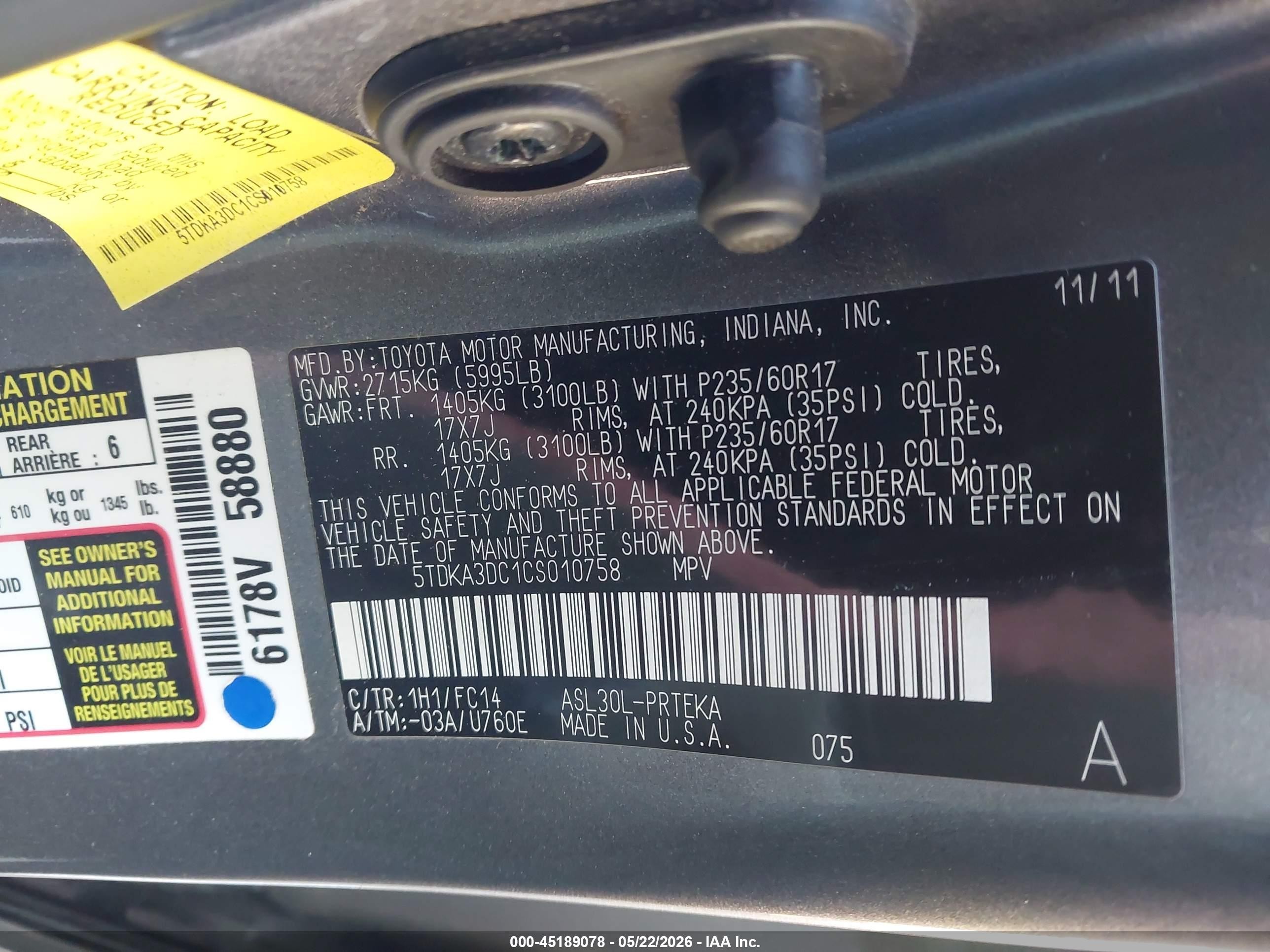 2012 Toyota Sienna Le 8 Passenger Серый vin: 5TDKA3DC1CS010758
