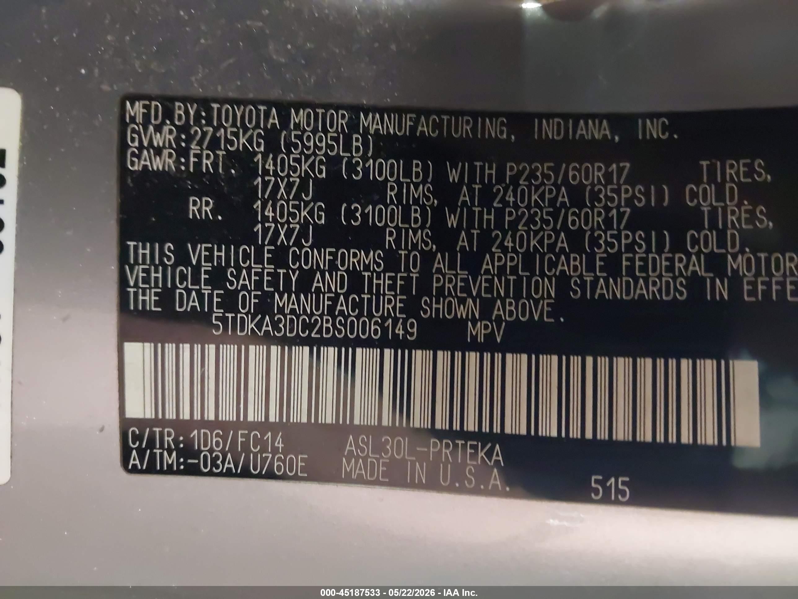 2011 Toyota Sienna Le Gray vin: 5TDKA3DC2BS006149