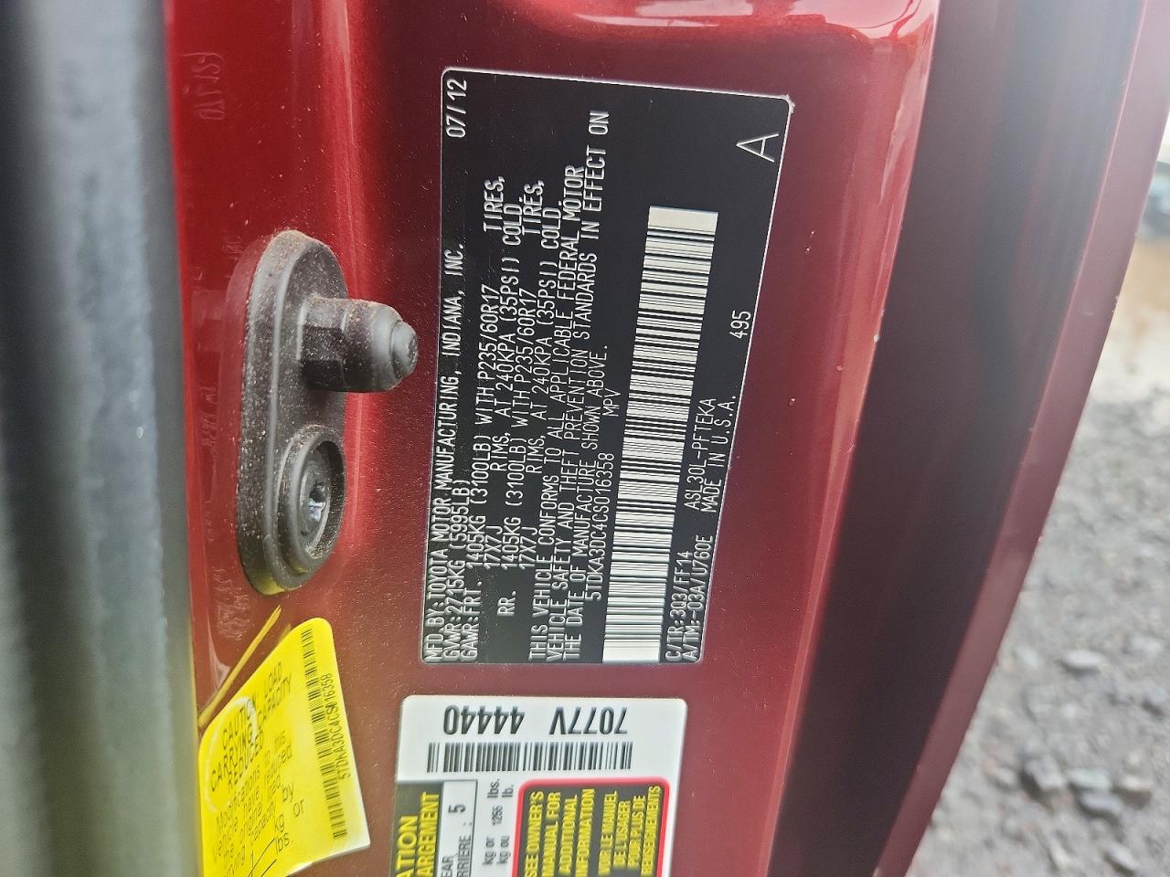 2012 Toyota Sienna Base 7-passenger Red vin: 5TDKA3DC4CS016358