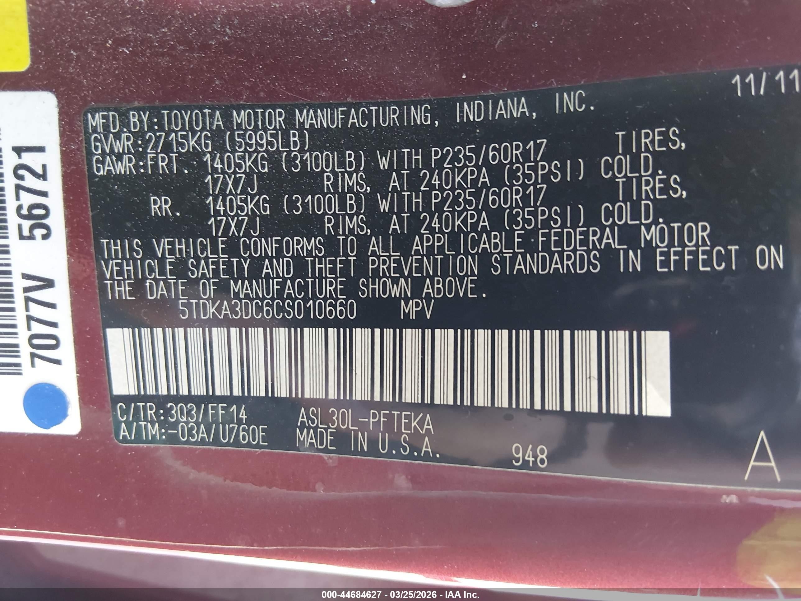 2012 Toyota Sienna Base 7 Passenger Red vin: 5TDKA3DC6CS010660