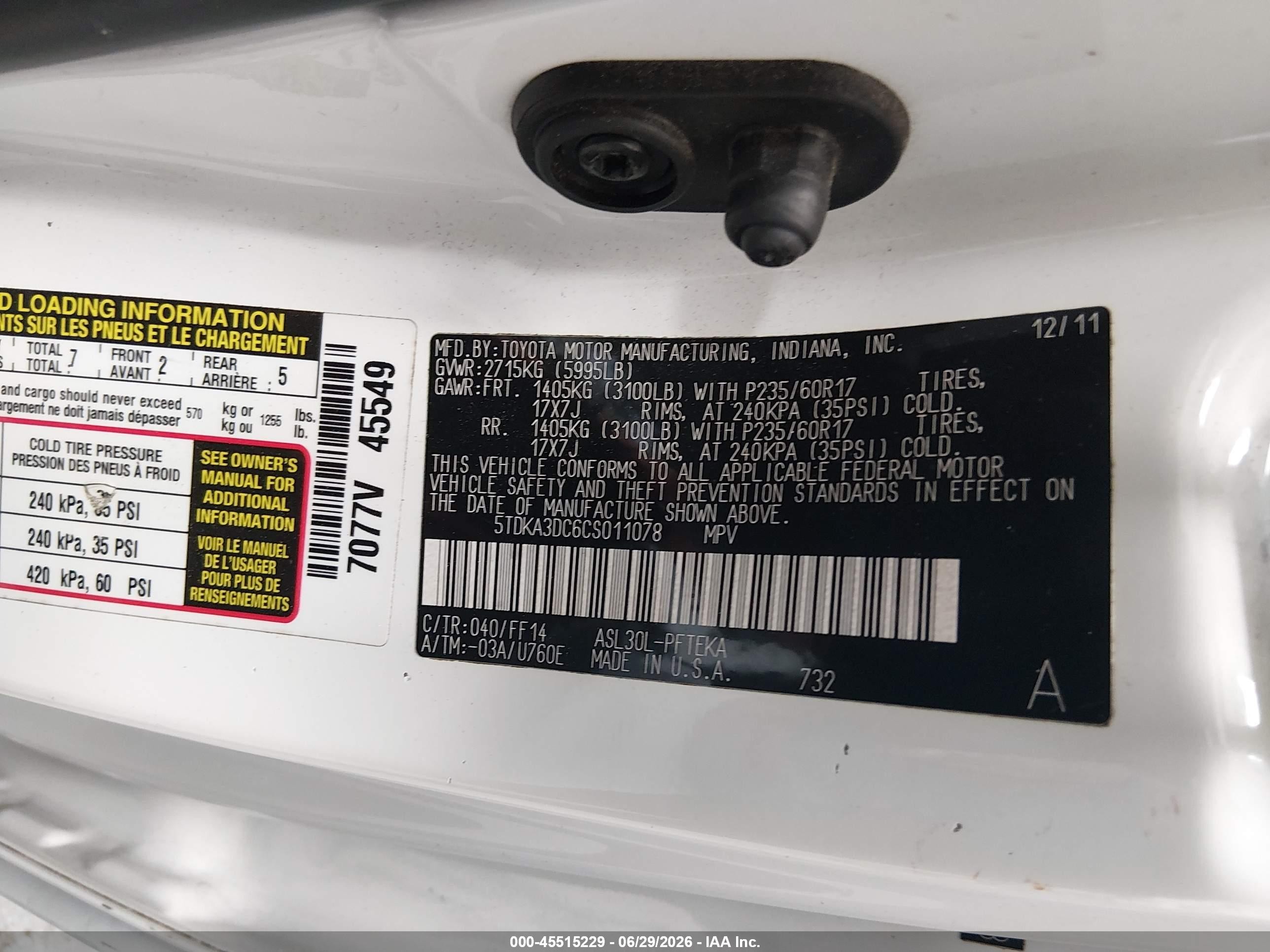 2012 Toyota Sienna Base 7 Passenger White vin: 5TDKA3DC6CS011078