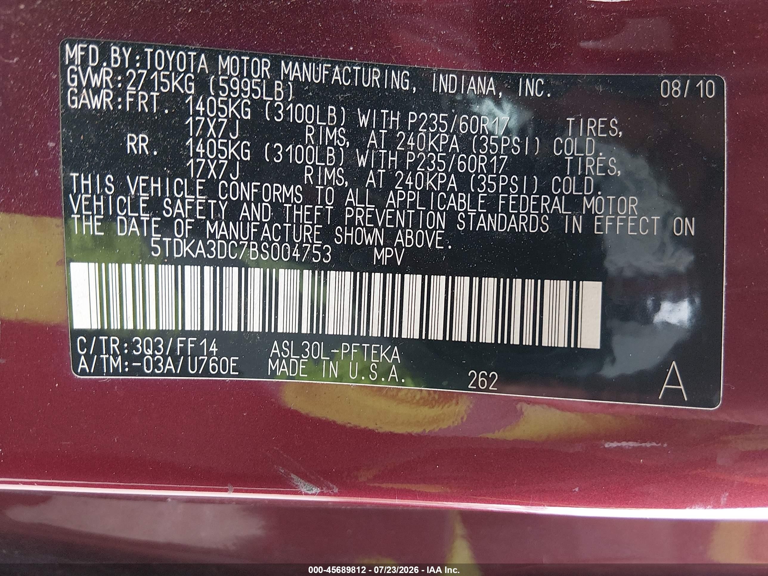 2011 Toyota Sienna   Red vin: 5TDKA3DC7BS004753