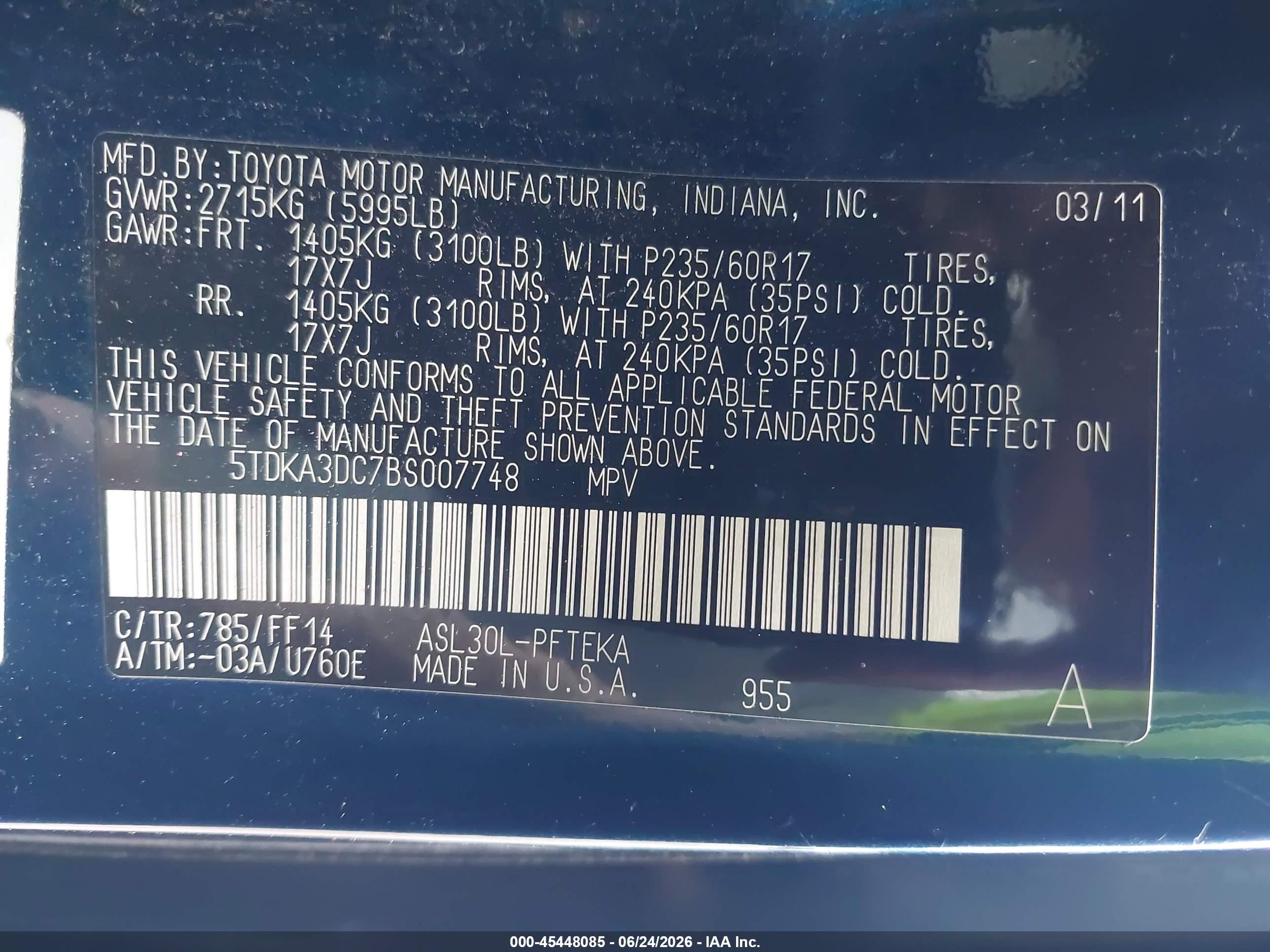2011 Toyota Sienna   Синий vin: 5TDKA3DC7BS007748