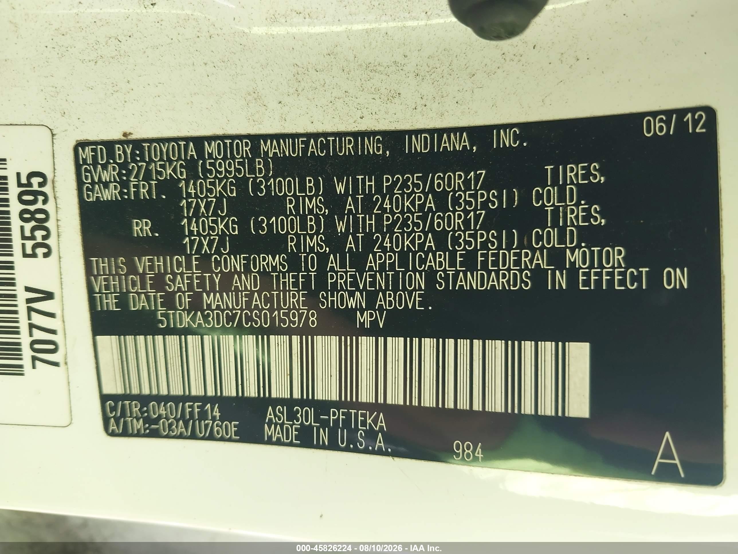 2012 Toyota Sienna Le 8 Passenger White vin: 5TDKA3DC7CS015978