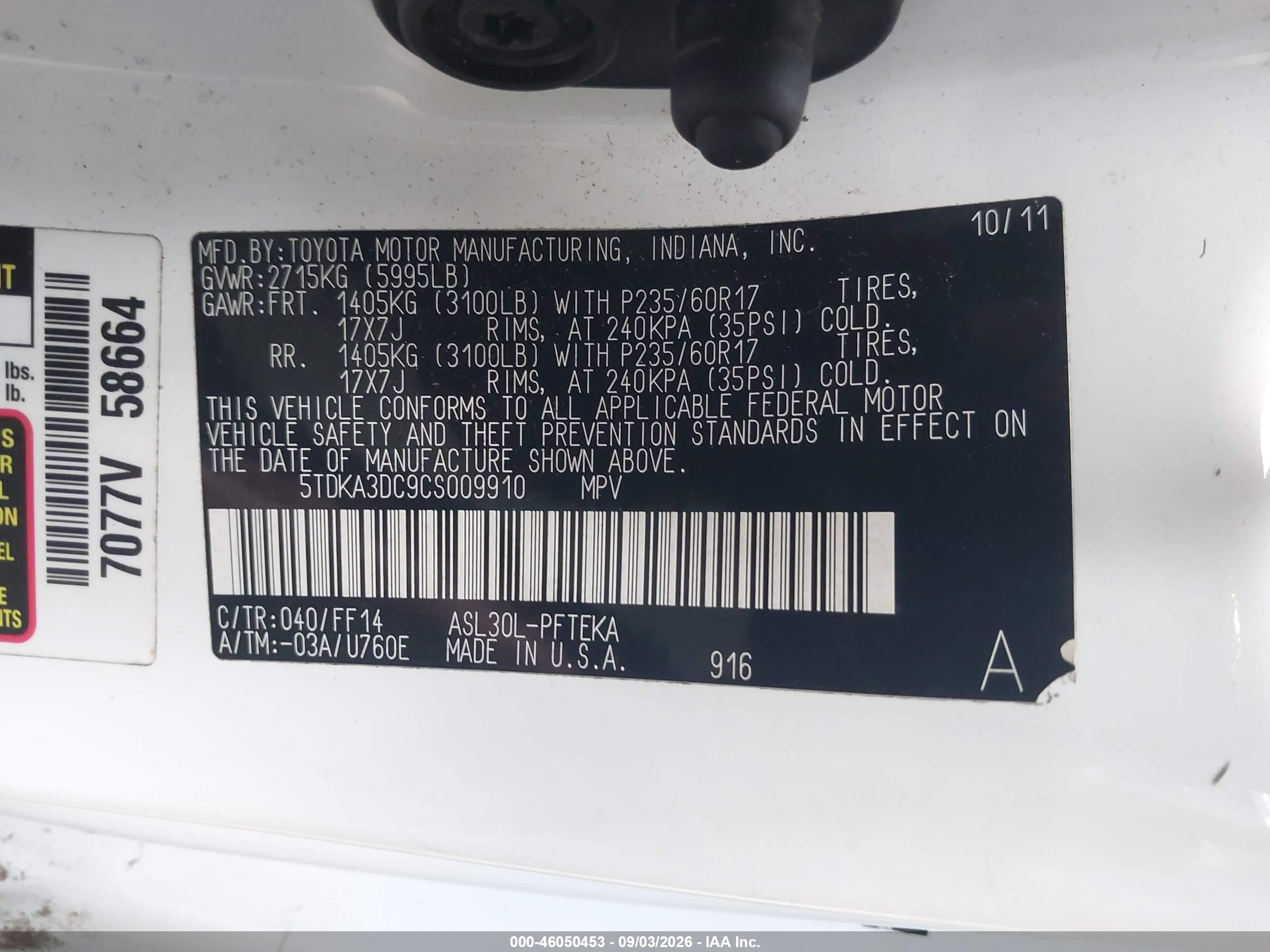 2012 Toyota Sienna Base 7 Passenger White vin: 5TDKA3DC9CS009910