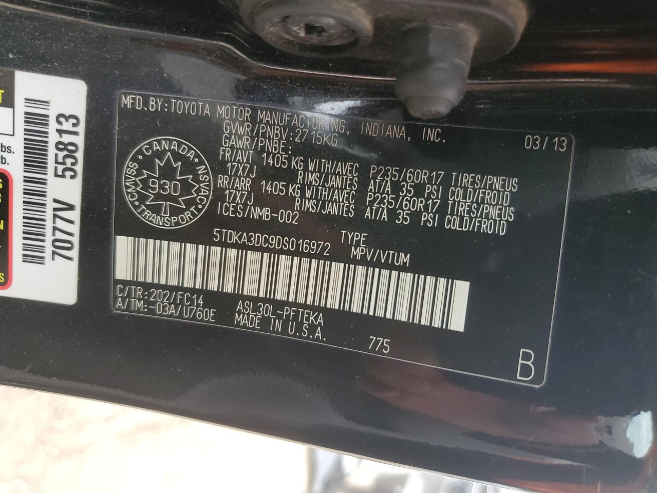 2013 Toyota Sienna Le Black vin: 5TDKA3DC9DS016972