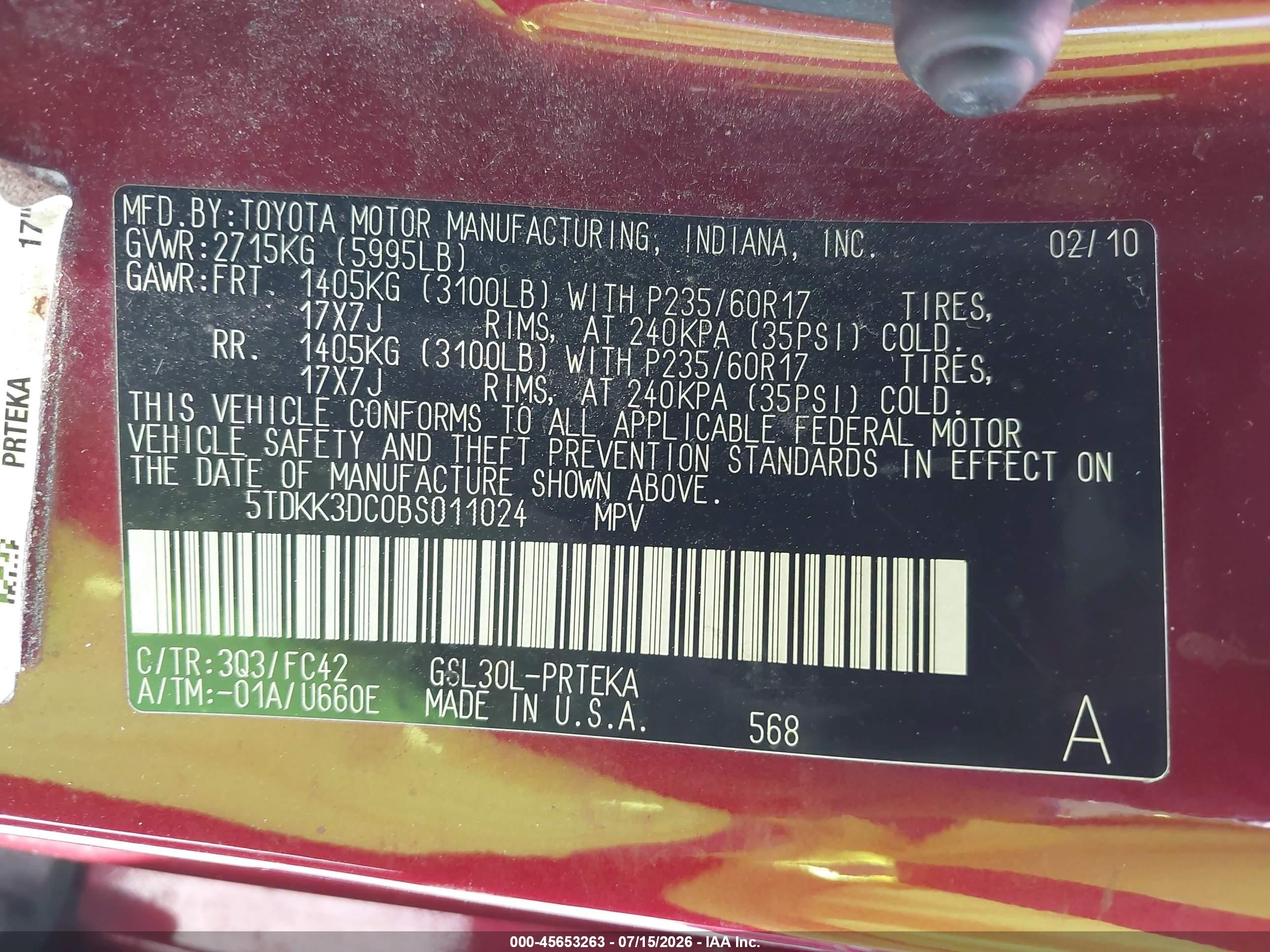 2011 Toyota Sienna Le V6 Red vin: 5TDKK3DC0BS011024