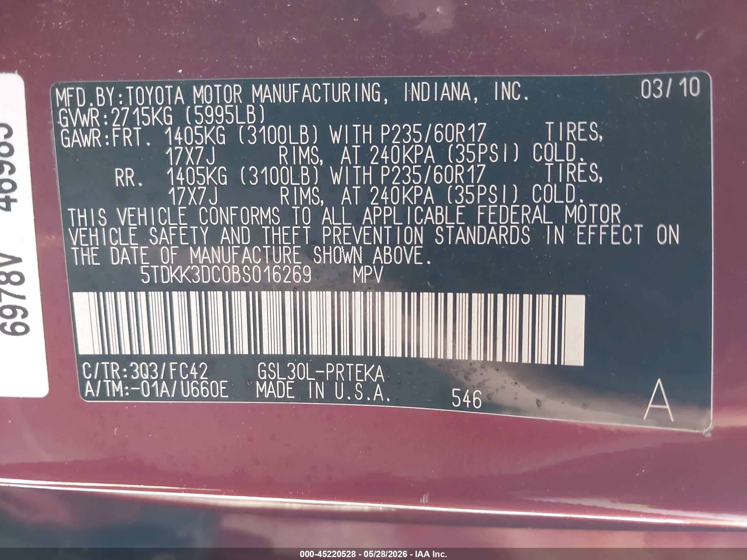 2011 Toyota Sienna Le V6 Red vin: 5TDKK3DC0BS016269