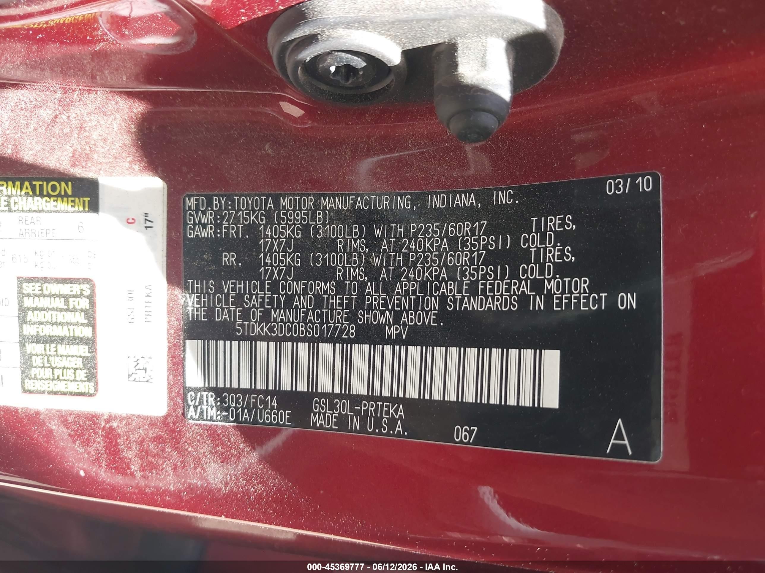 2011 Toyota Sienna Le V6 Red vin: 5TDKK3DC0BS017728