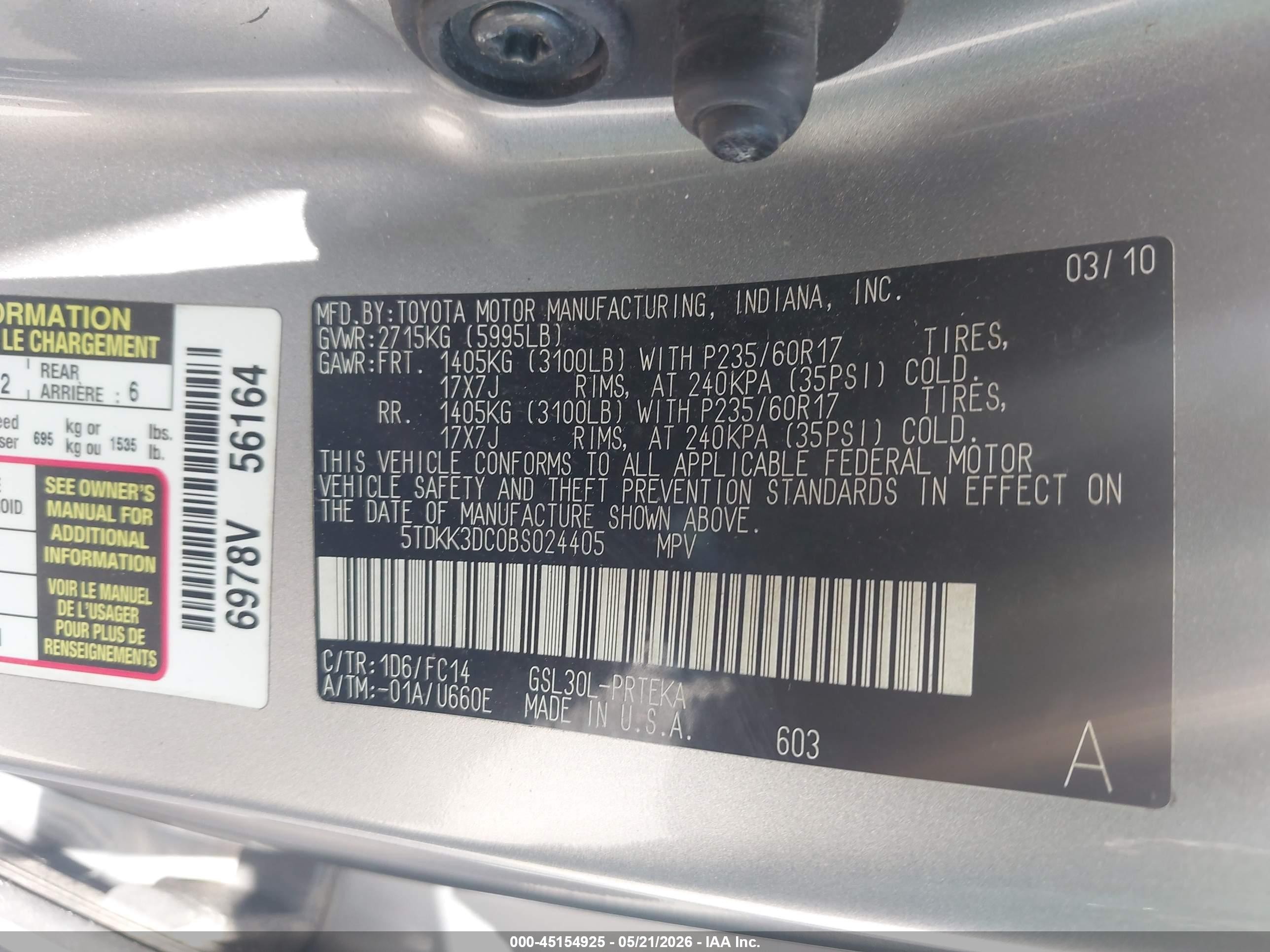 2011 Toyota Sienna Le V6 Silver vin: 5TDKK3DC0BS024405