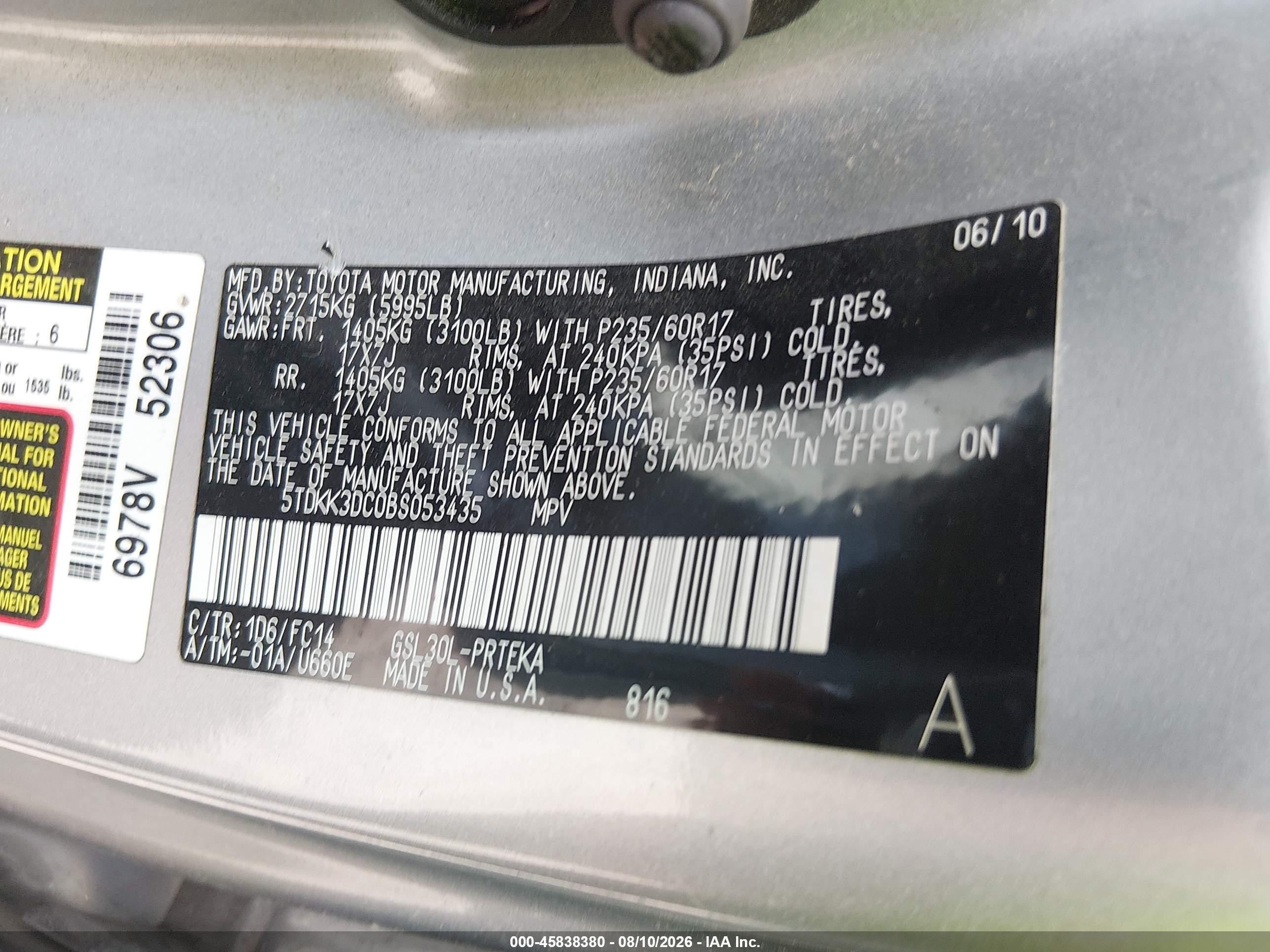 2011 Toyota Sienna Le V6 Silver vin: 5TDKK3DC0BS053435