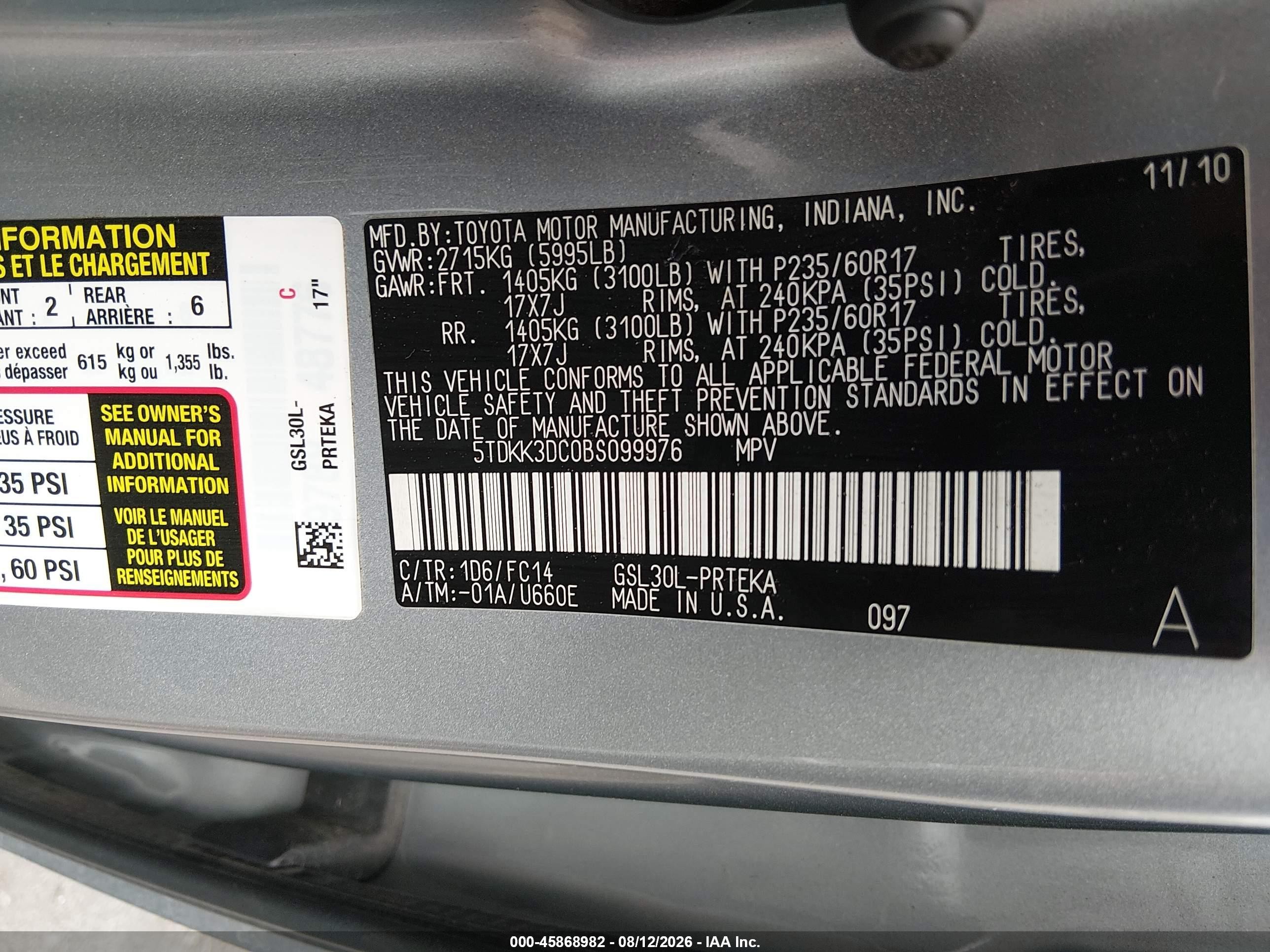 2011 Toyota Sienna Le V6 Silver vin: 5TDKK3DC0BS099976