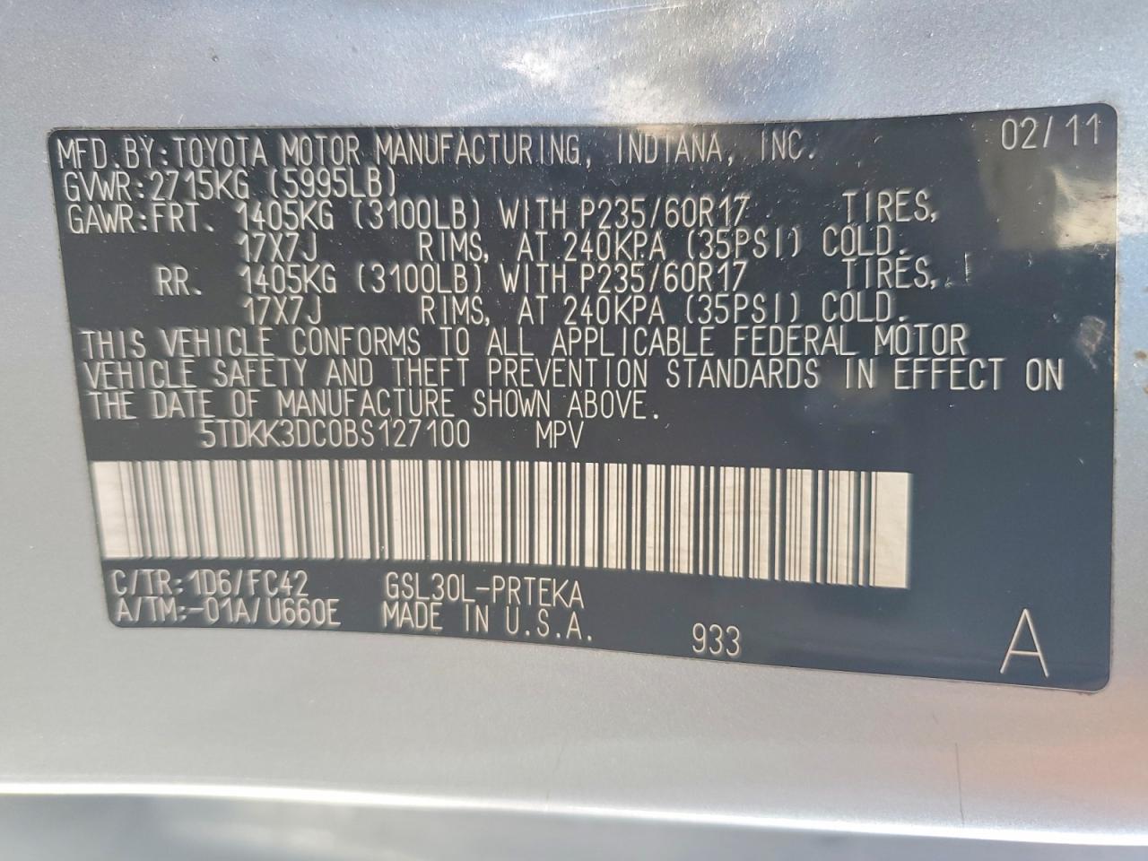 2011 Toyota Sienna Le Серебряный vin: 5TDKK3DC0BS127100