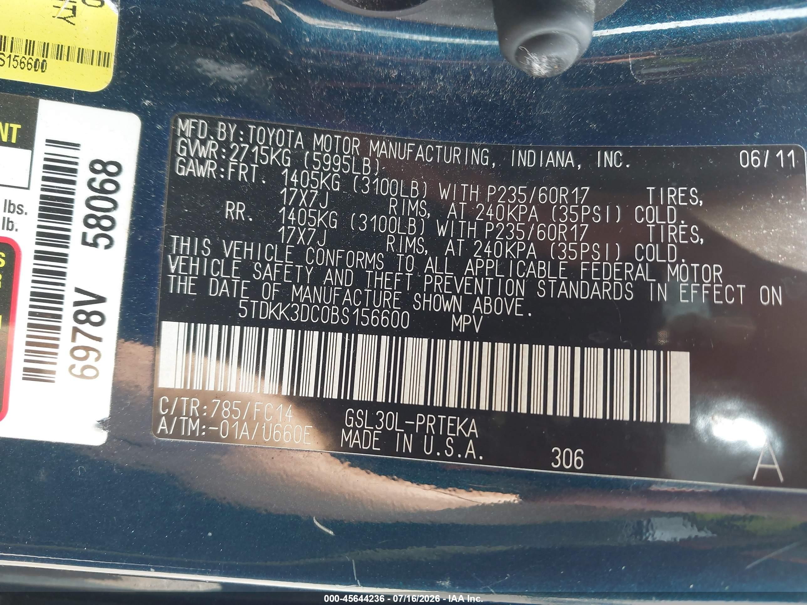 2011 Toyota Sienna Le V6 Blue vin: 5TDKK3DC0BS156600