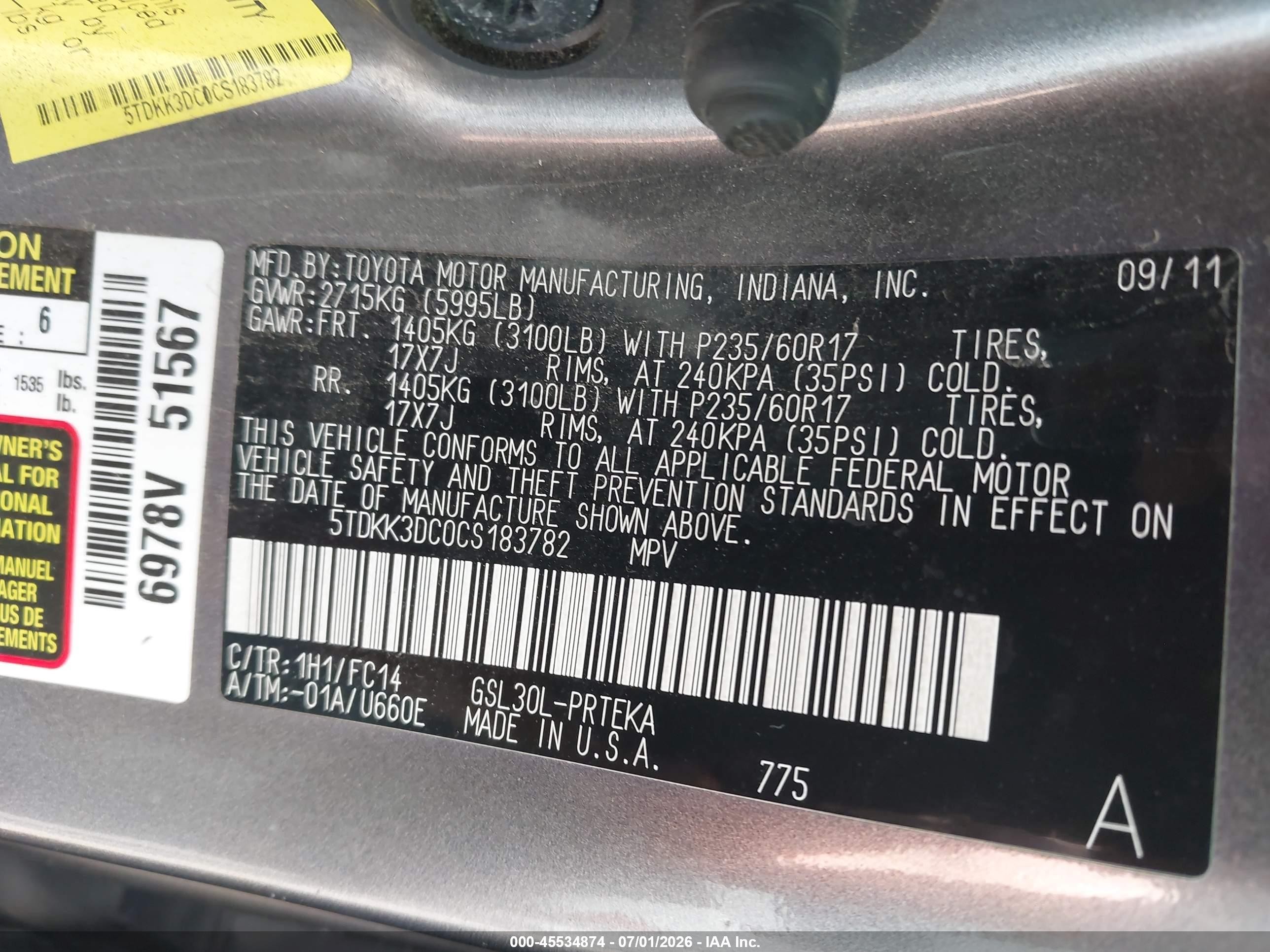 2012 Toyota Sienna Le V6 8 Passenger Gray vin: 5TDKK3DC0CS183782