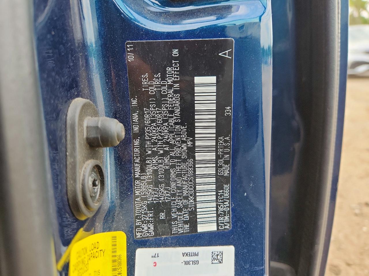 2012 Toyota Sienna Le Blue vin: 5TDKK3DC0CS188366