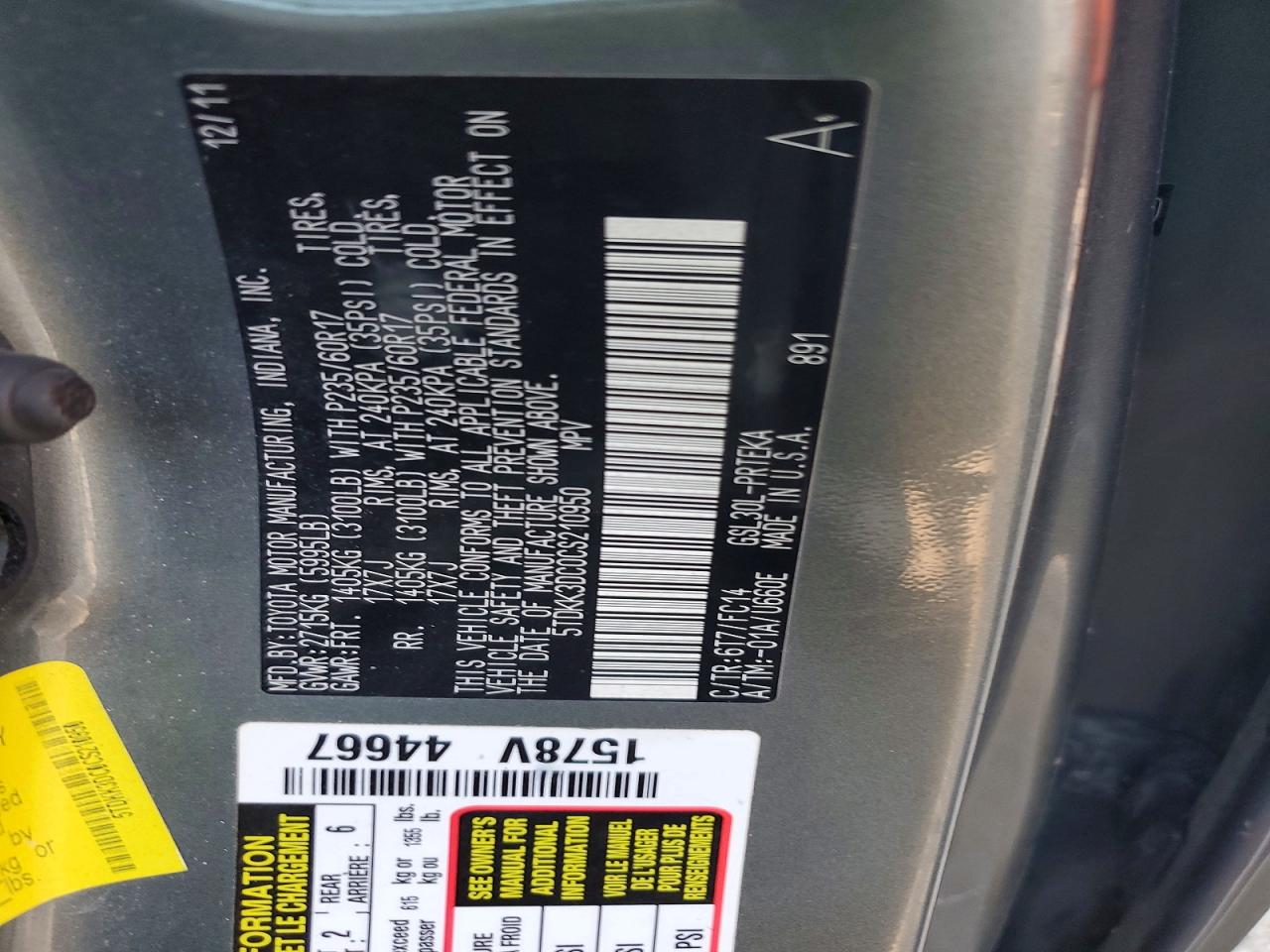 2012 Toyota Sienna Le Gray vin: 5TDKK3DC0CS210950