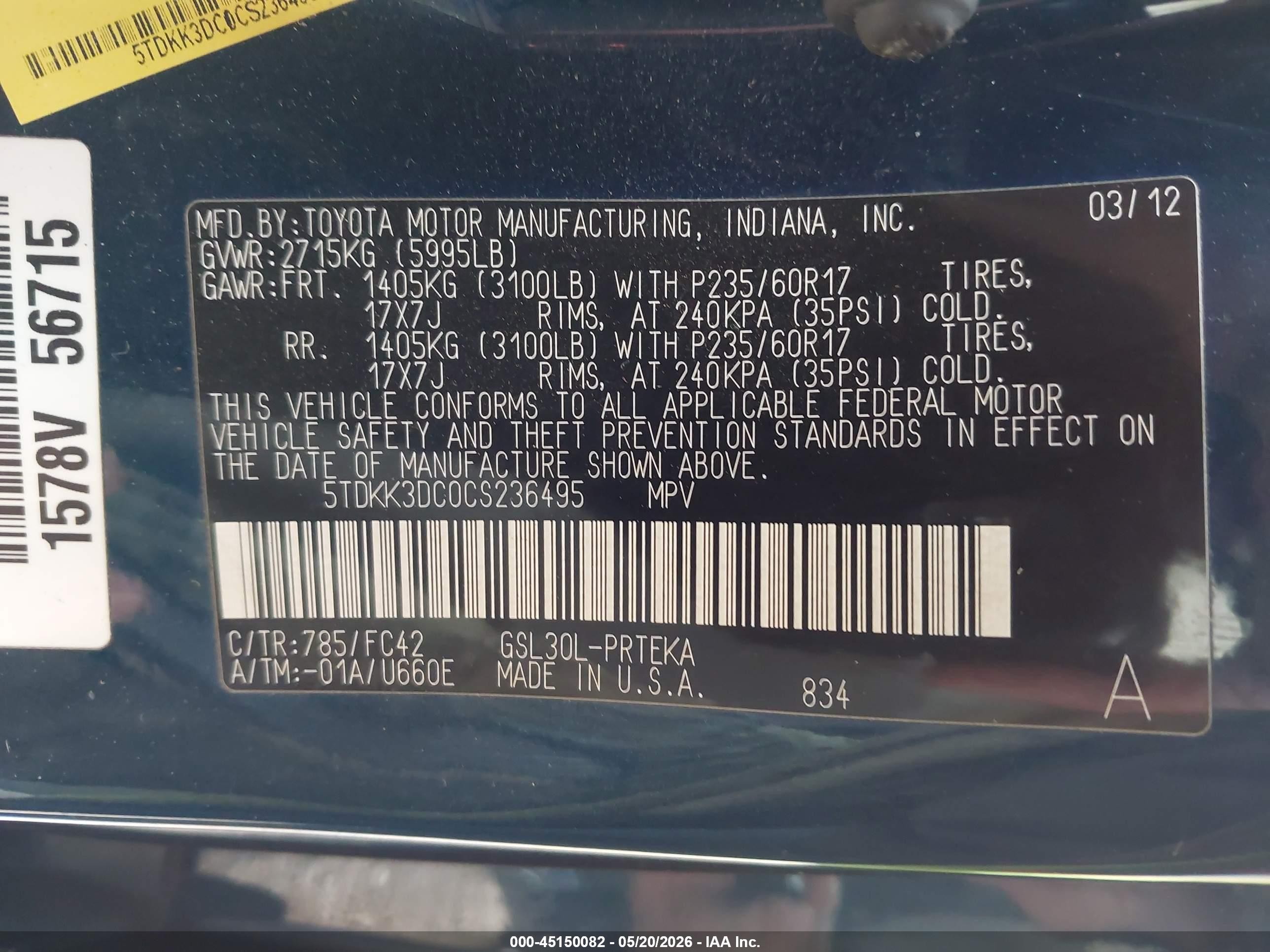 2012 Toyota Sienna Le V6 8 Passenger Blue vin: 5TDKK3DC0CS236495