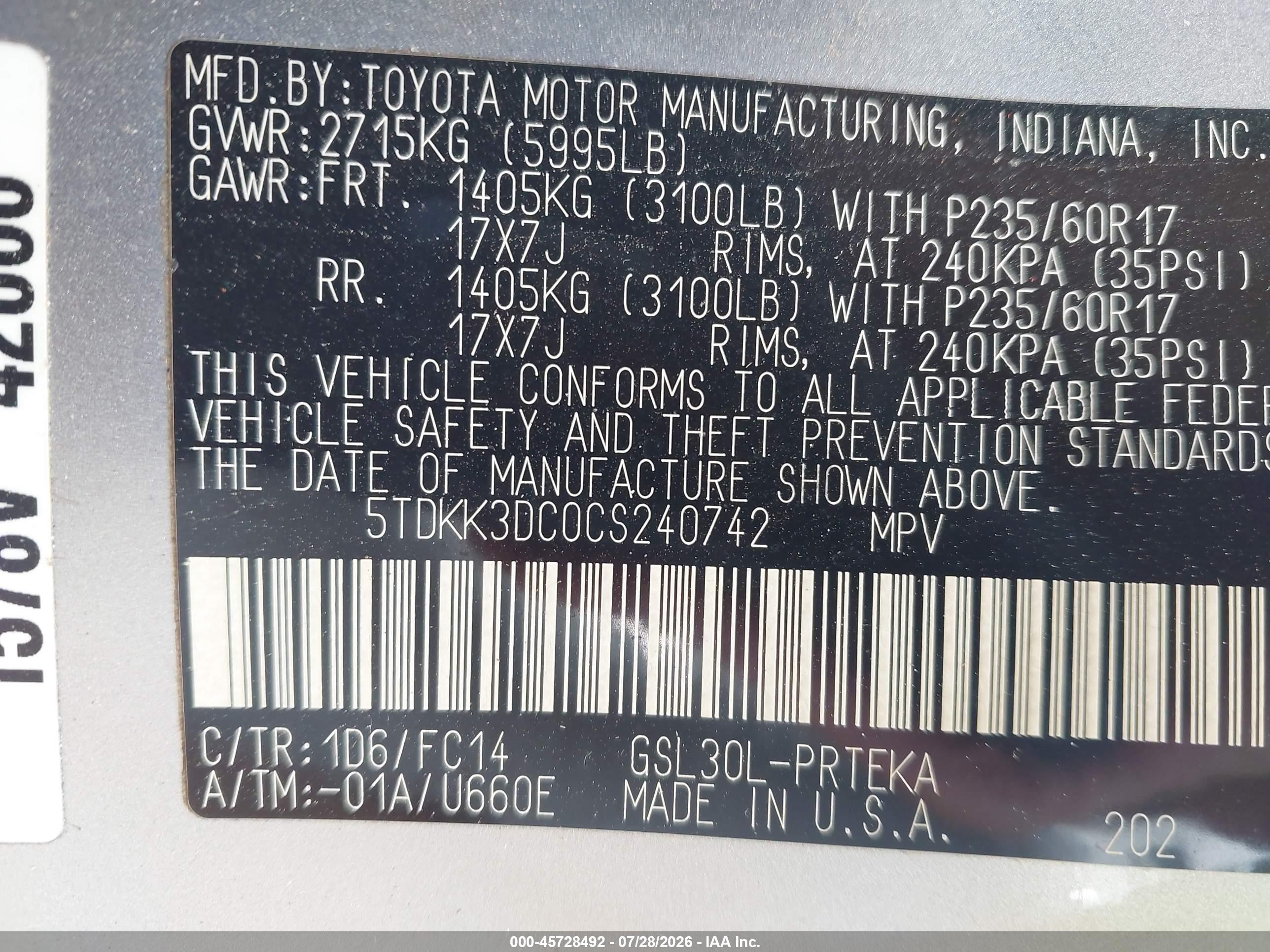 2012 Toyota Sienna Le V6 8 Passenger Серый vin: 5TDKK3DC0CS240742
