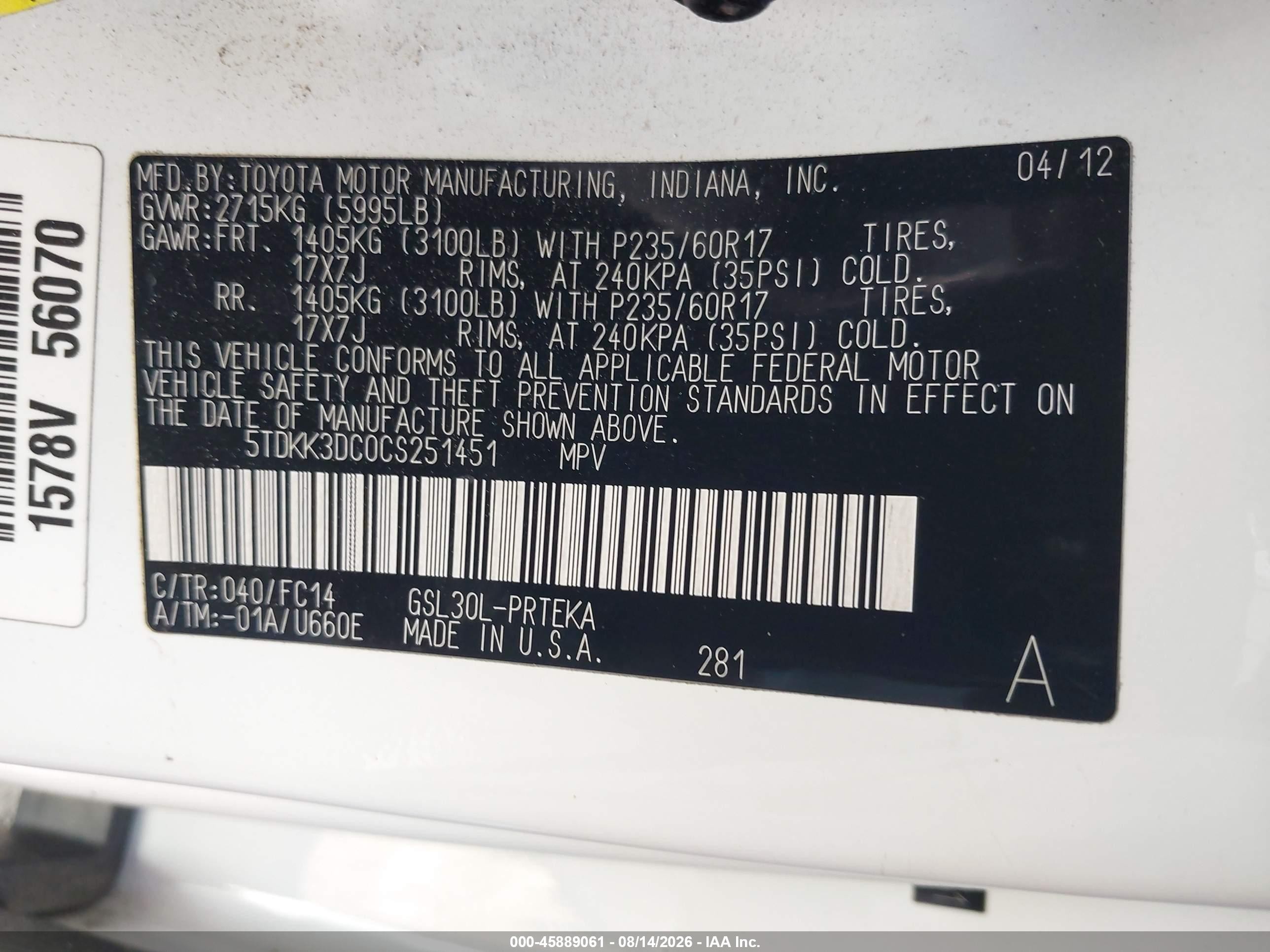 2012 Toyota Sienna Le V6 8 Passenger White vin: 5TDKK3DC0CS251451